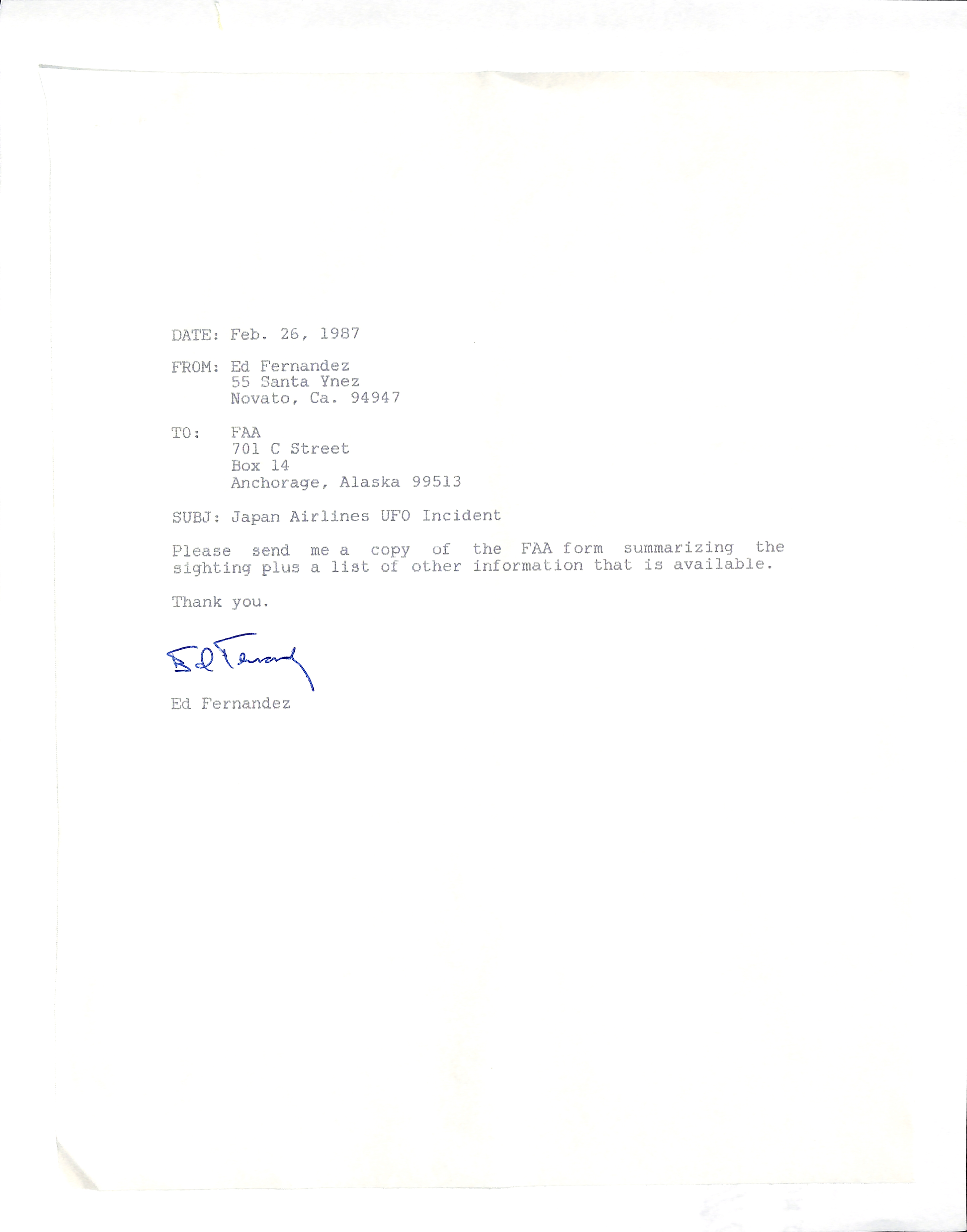 Information Releases Relating to Unidentified Flying Object