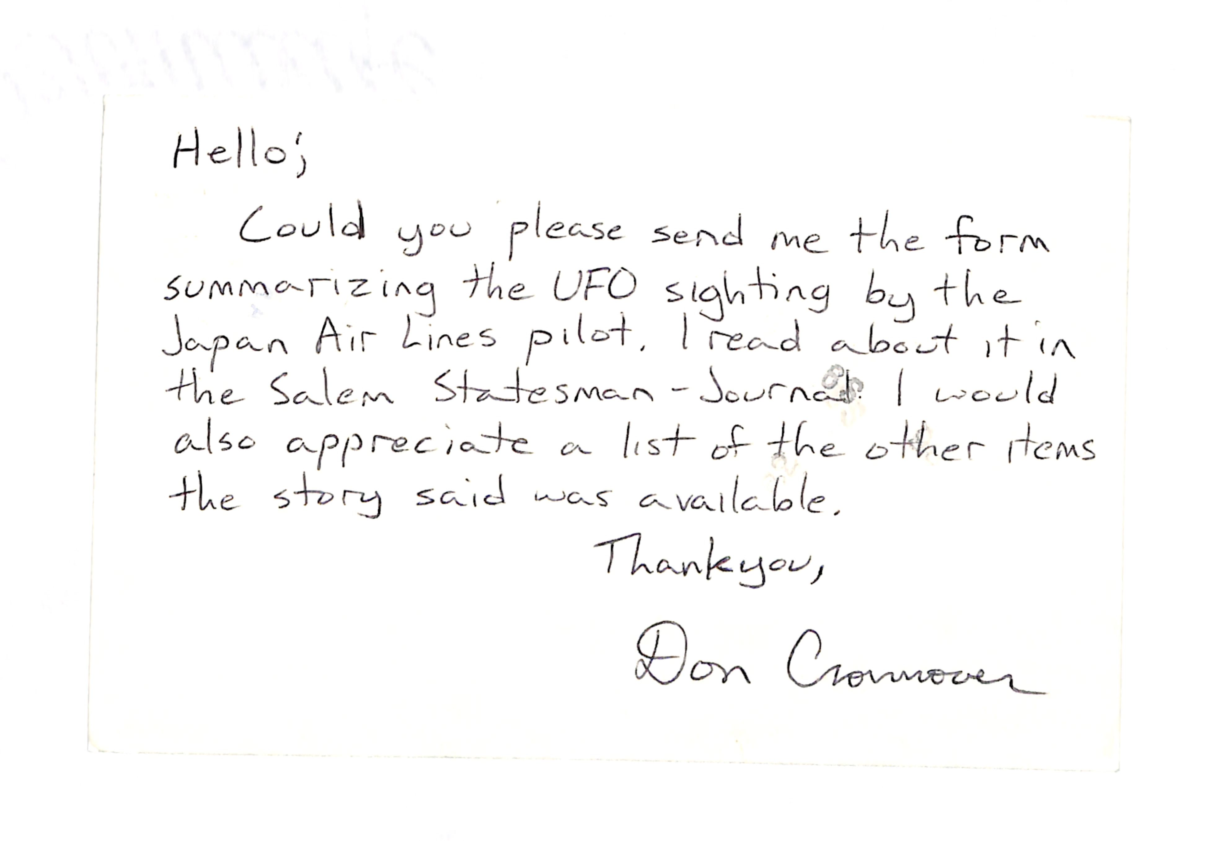 Information Releases Relating to Unidentified Flying Object