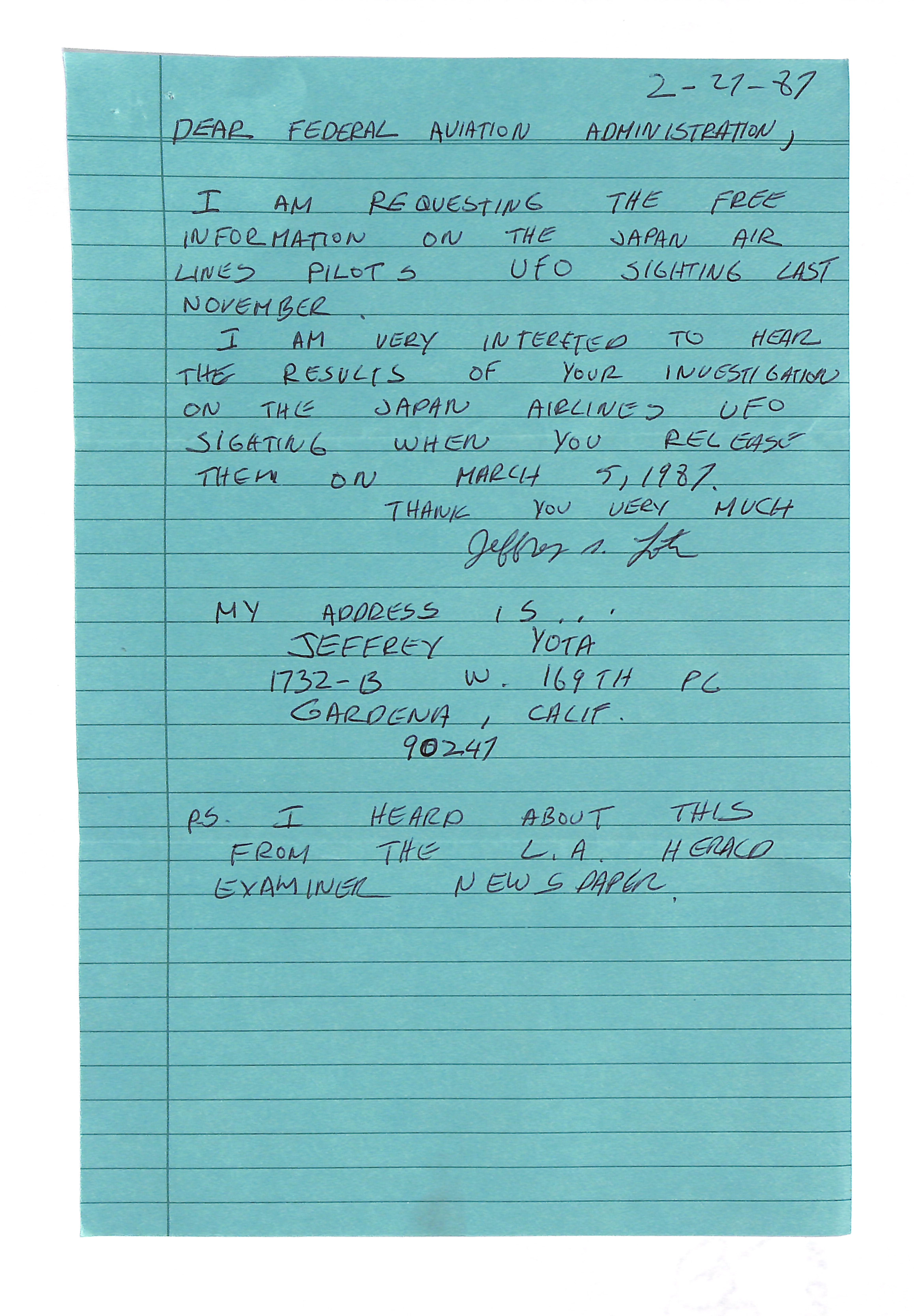 Information Releases Relating to Unidentified Flying Object