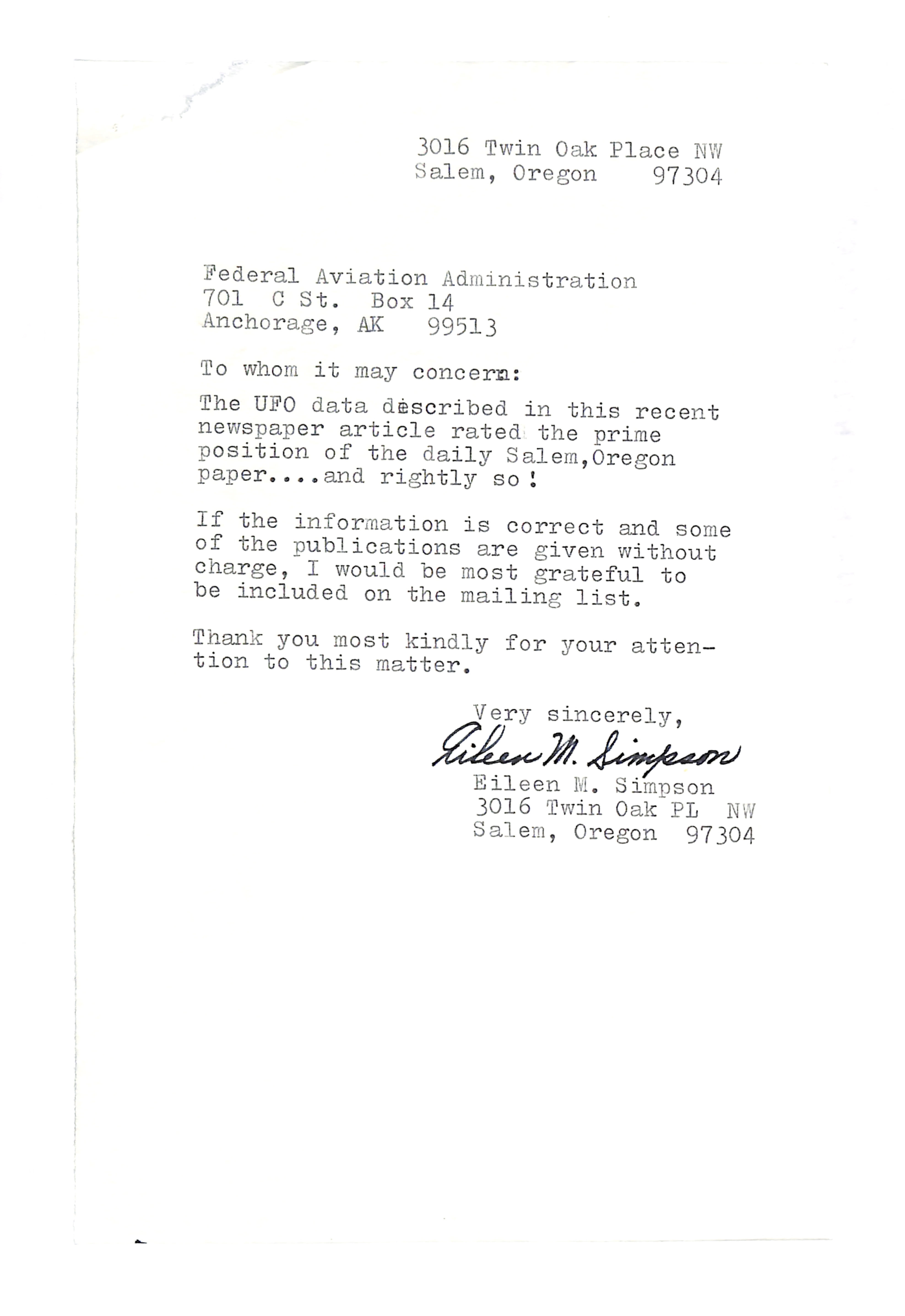 Information Releases Relating to Unidentified Flying Object