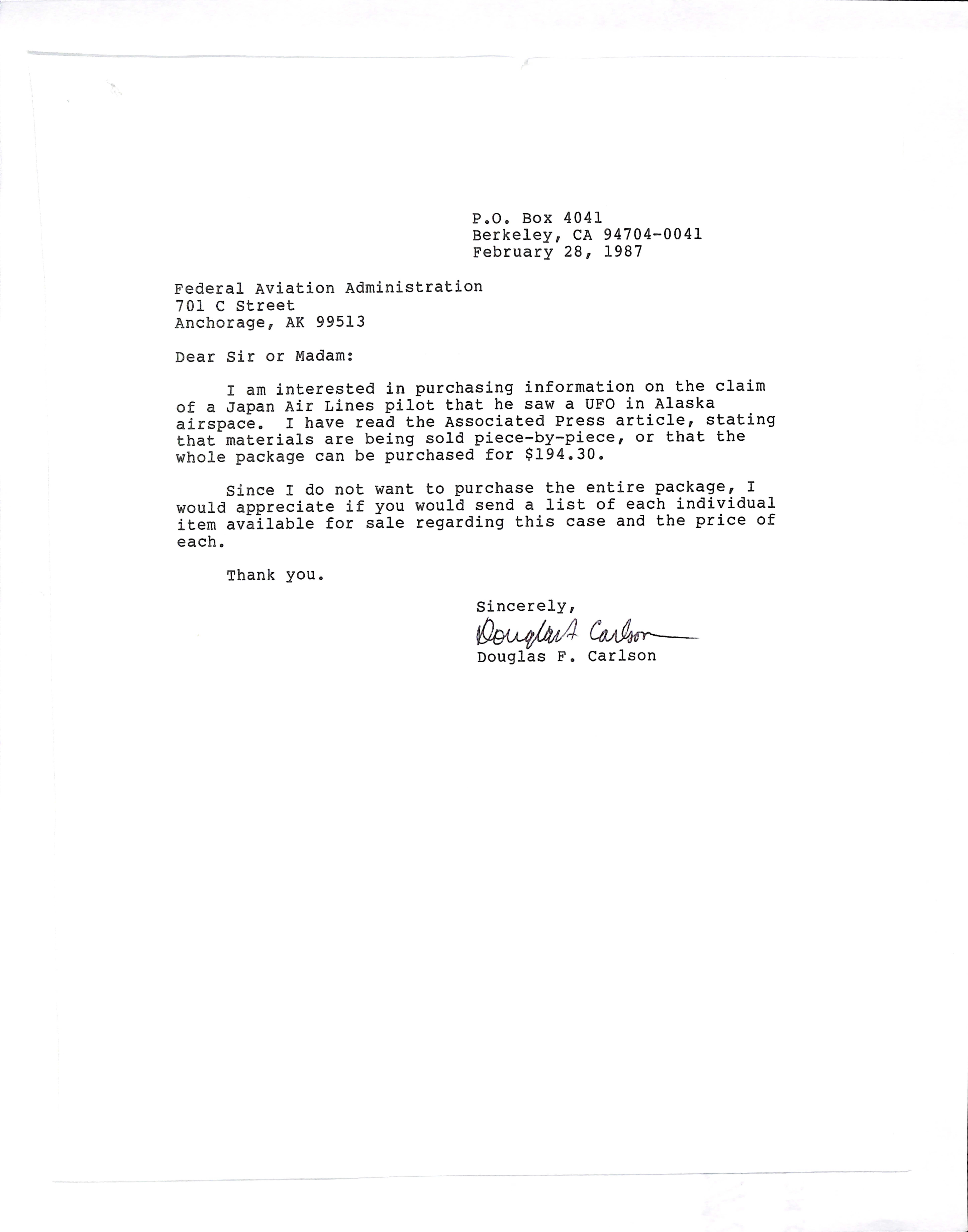 Information Releases Relating to Unidentified Flying Object
