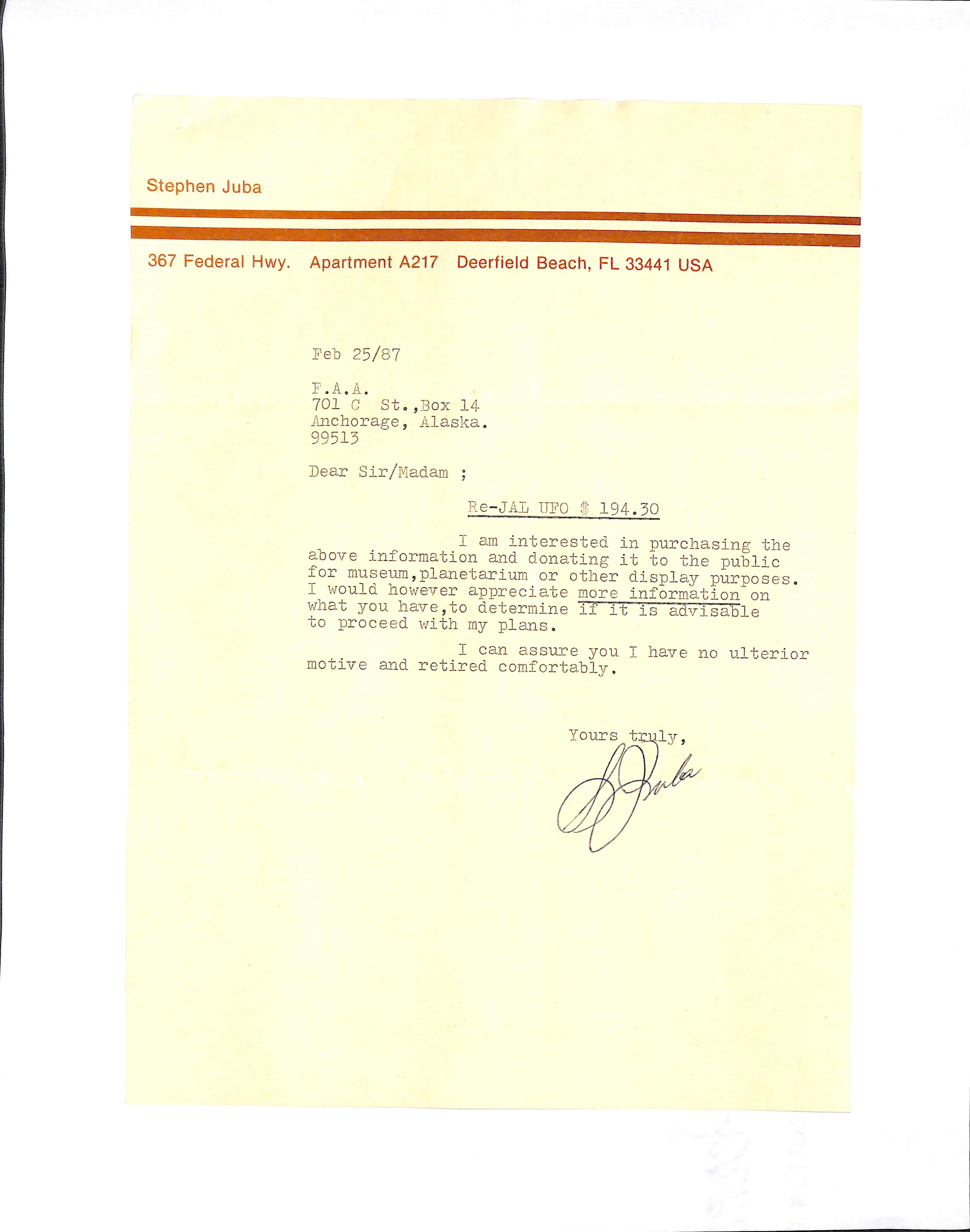 Information Releases Relating to Unidentified Flying Object