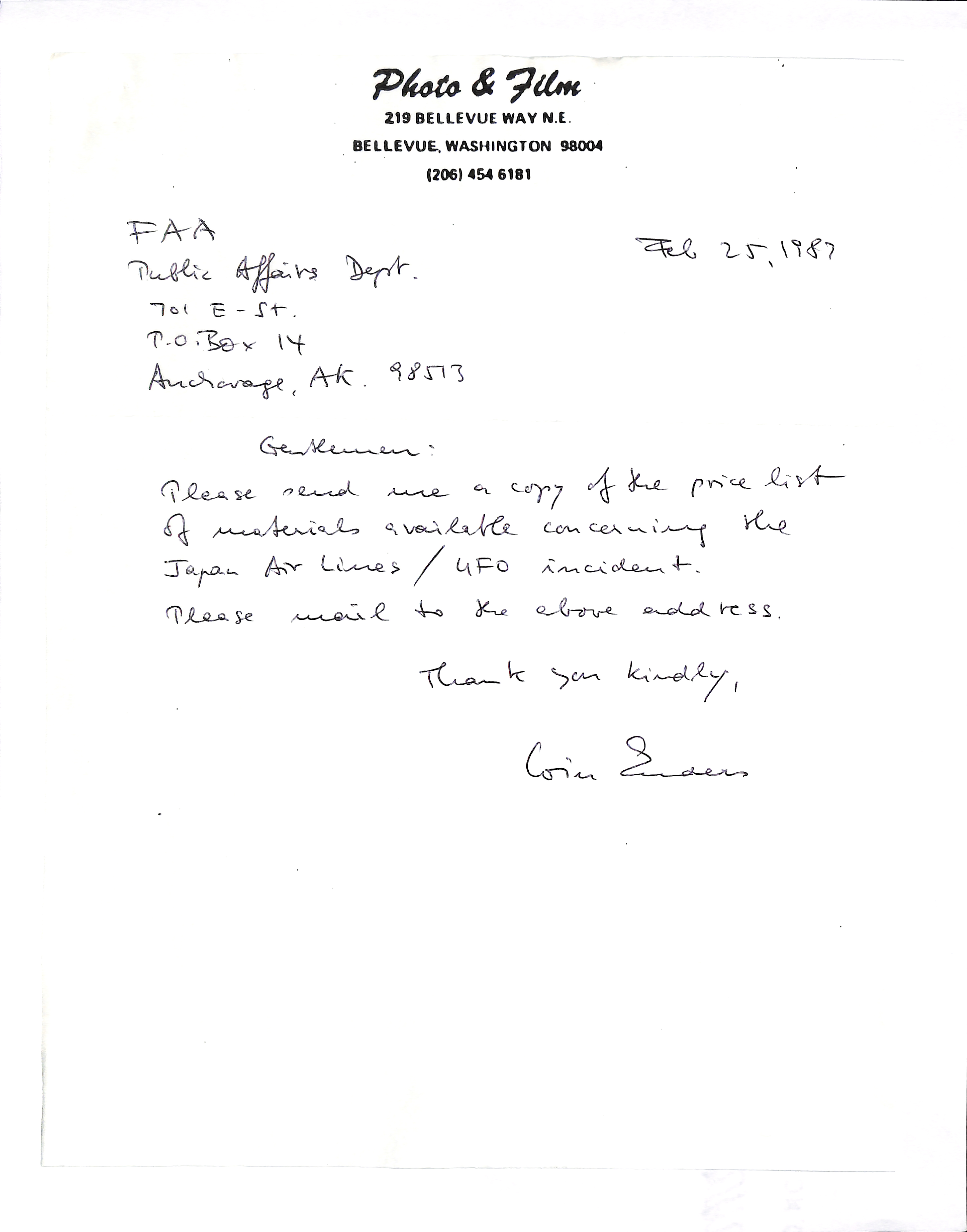 Information Releases Relating to Unidentified Flying Object