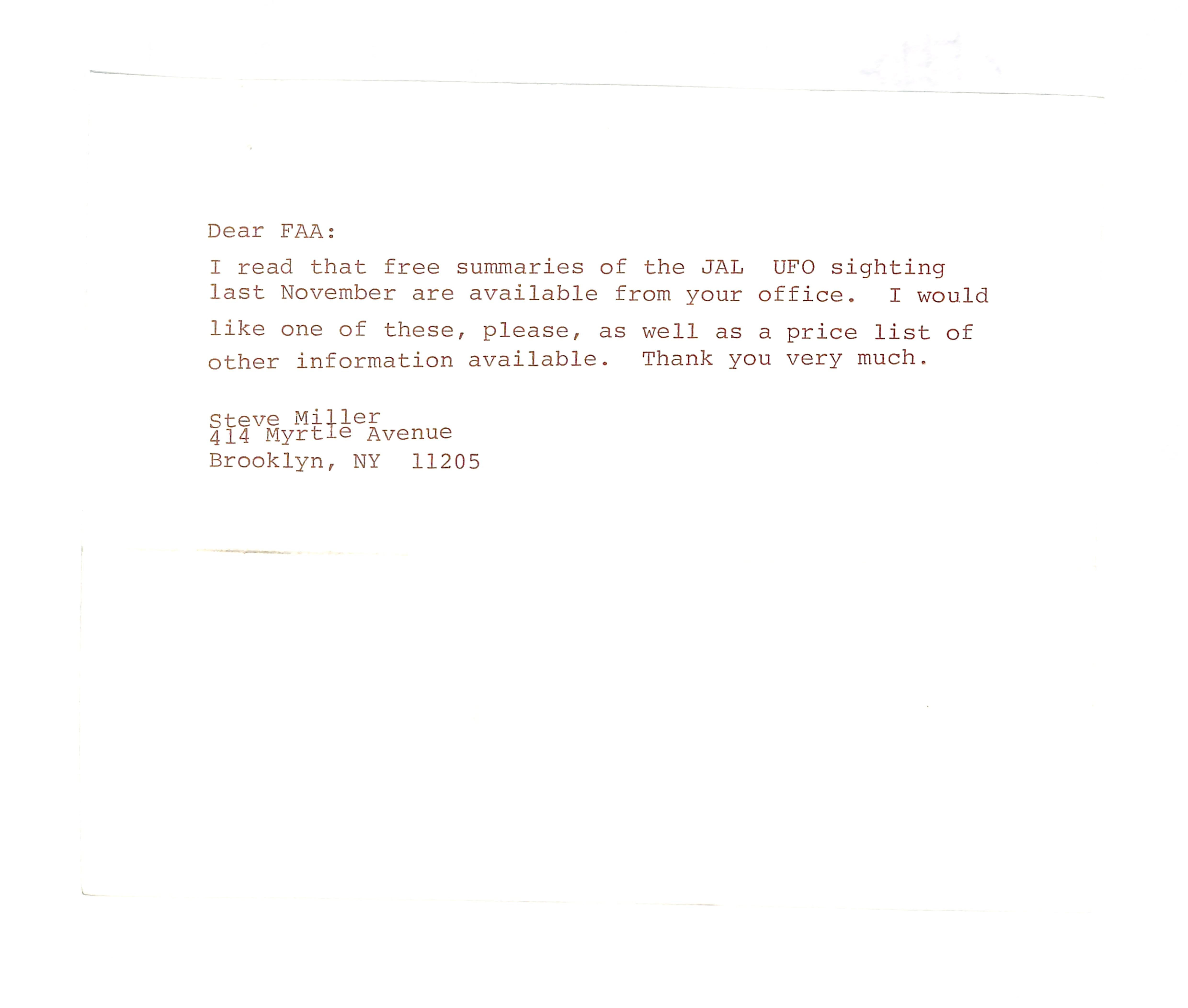 Information Releases Relating to Unidentified Flying Object