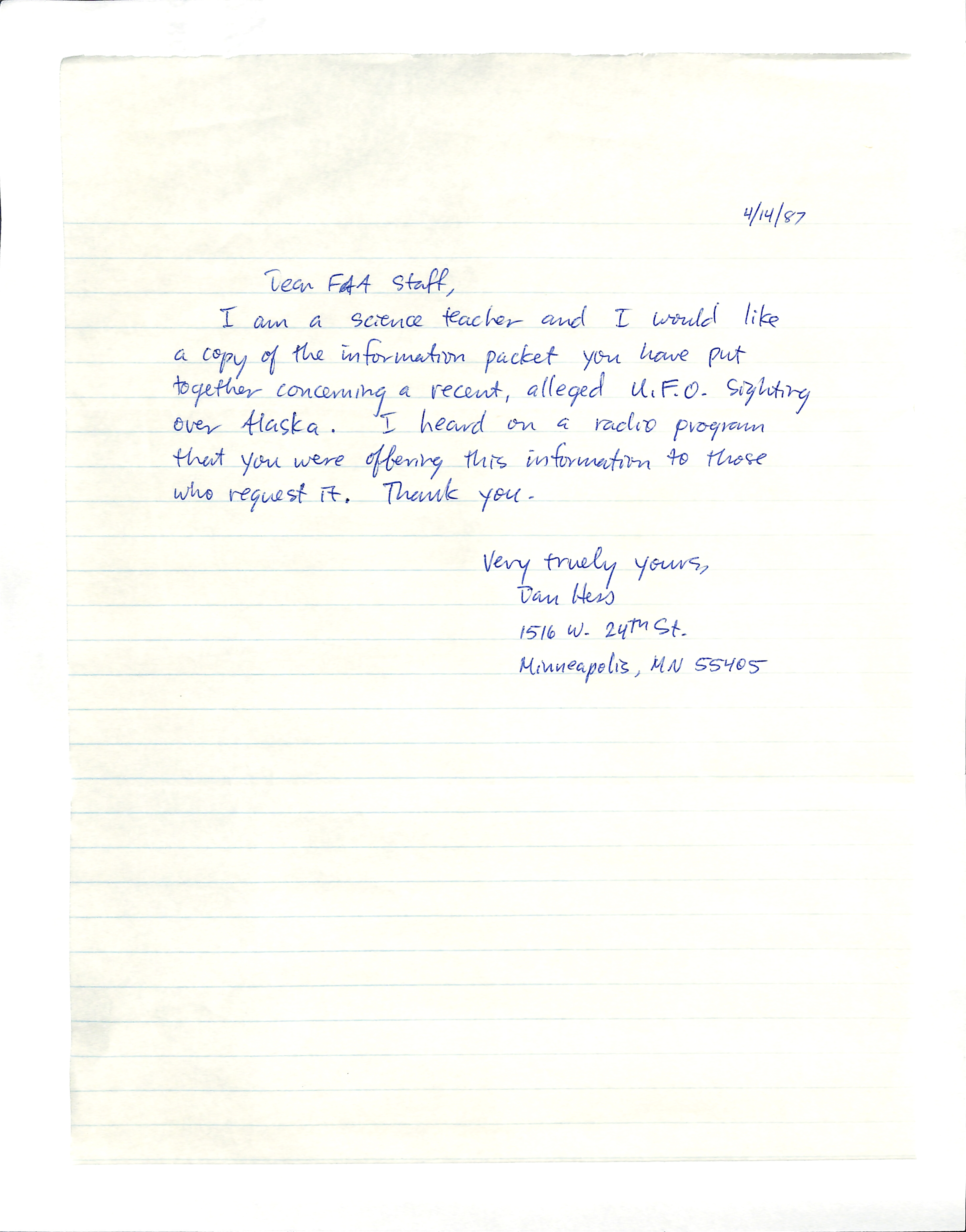 Information Releases Relating to Unidentified Flying Object