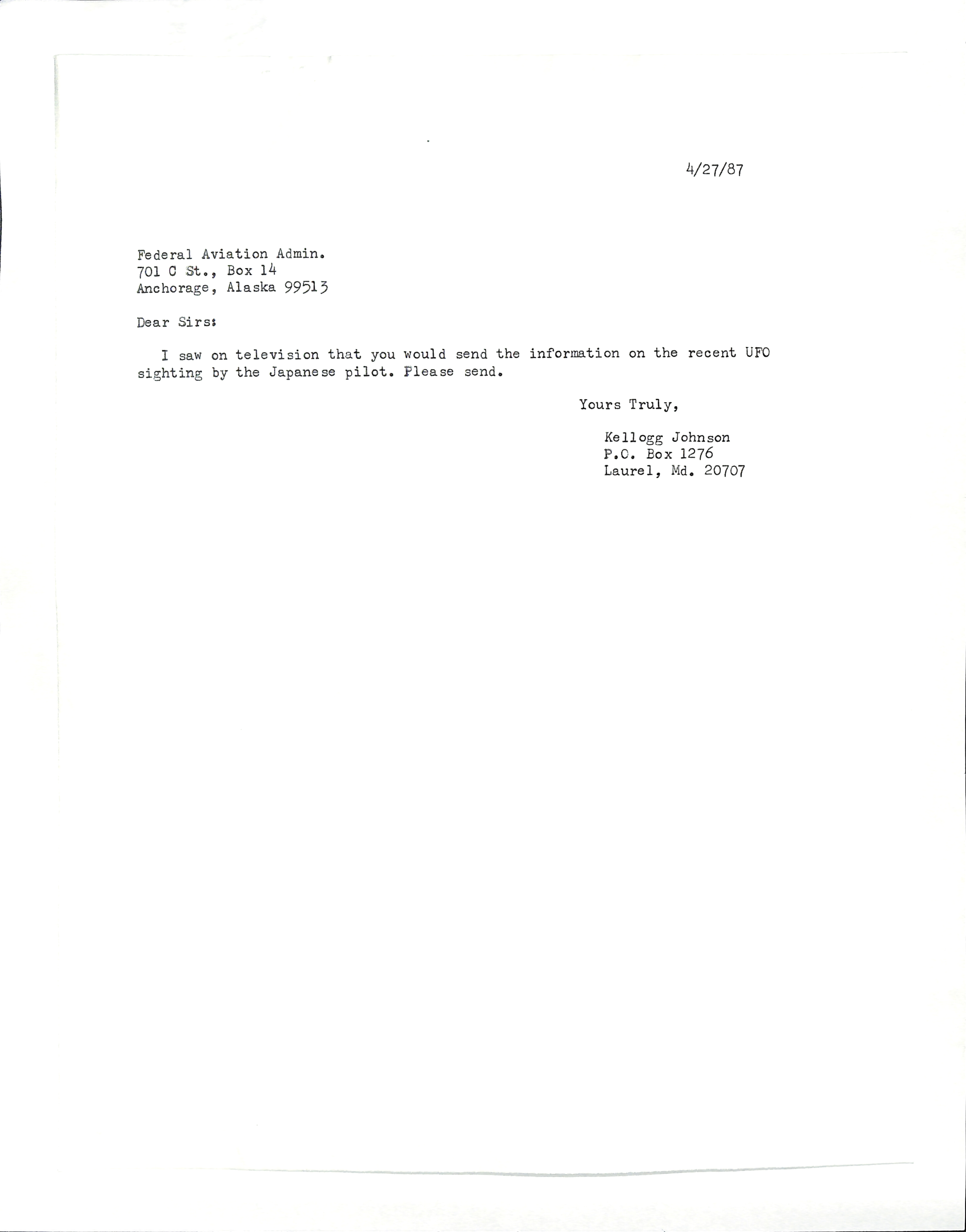 Information Releases Relating to Unidentified Flying Object