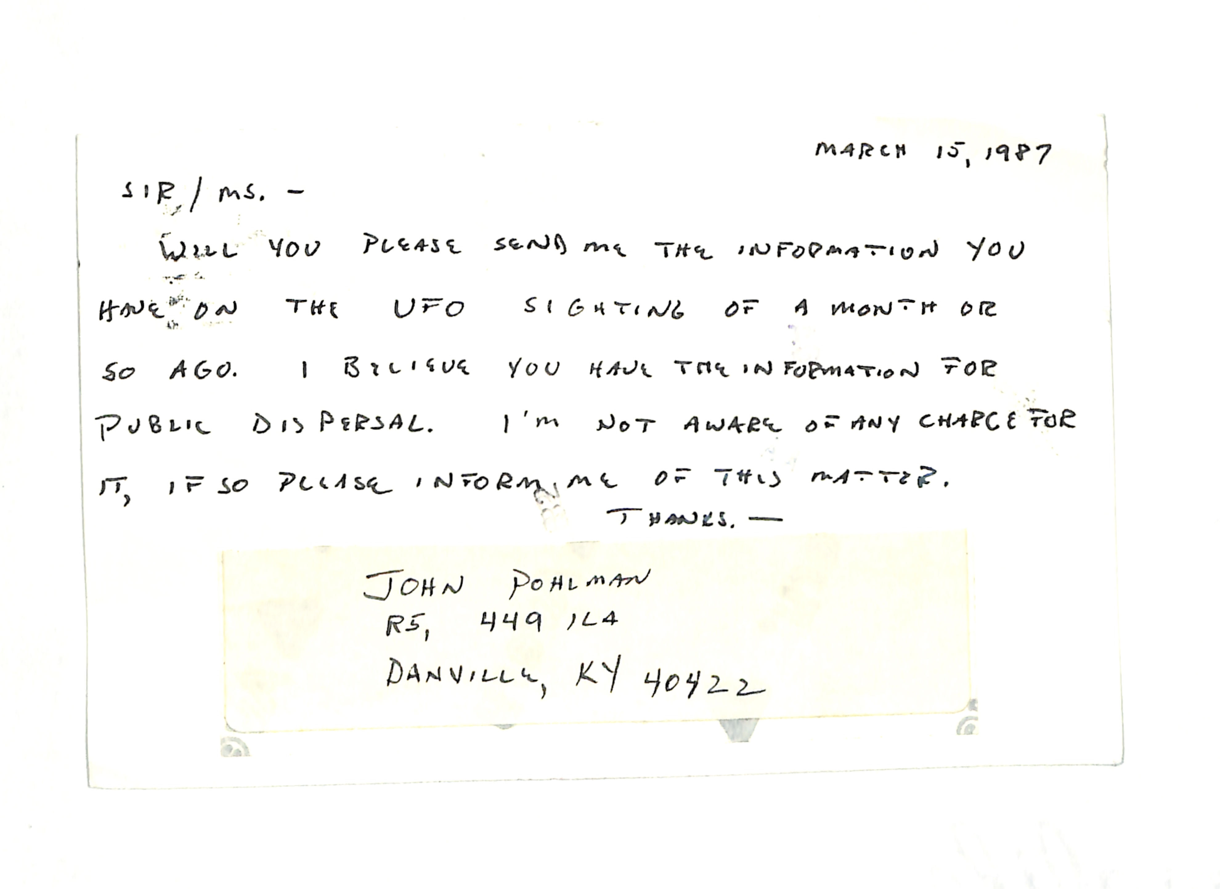 Information Releases Relating to Unidentified Flying Object