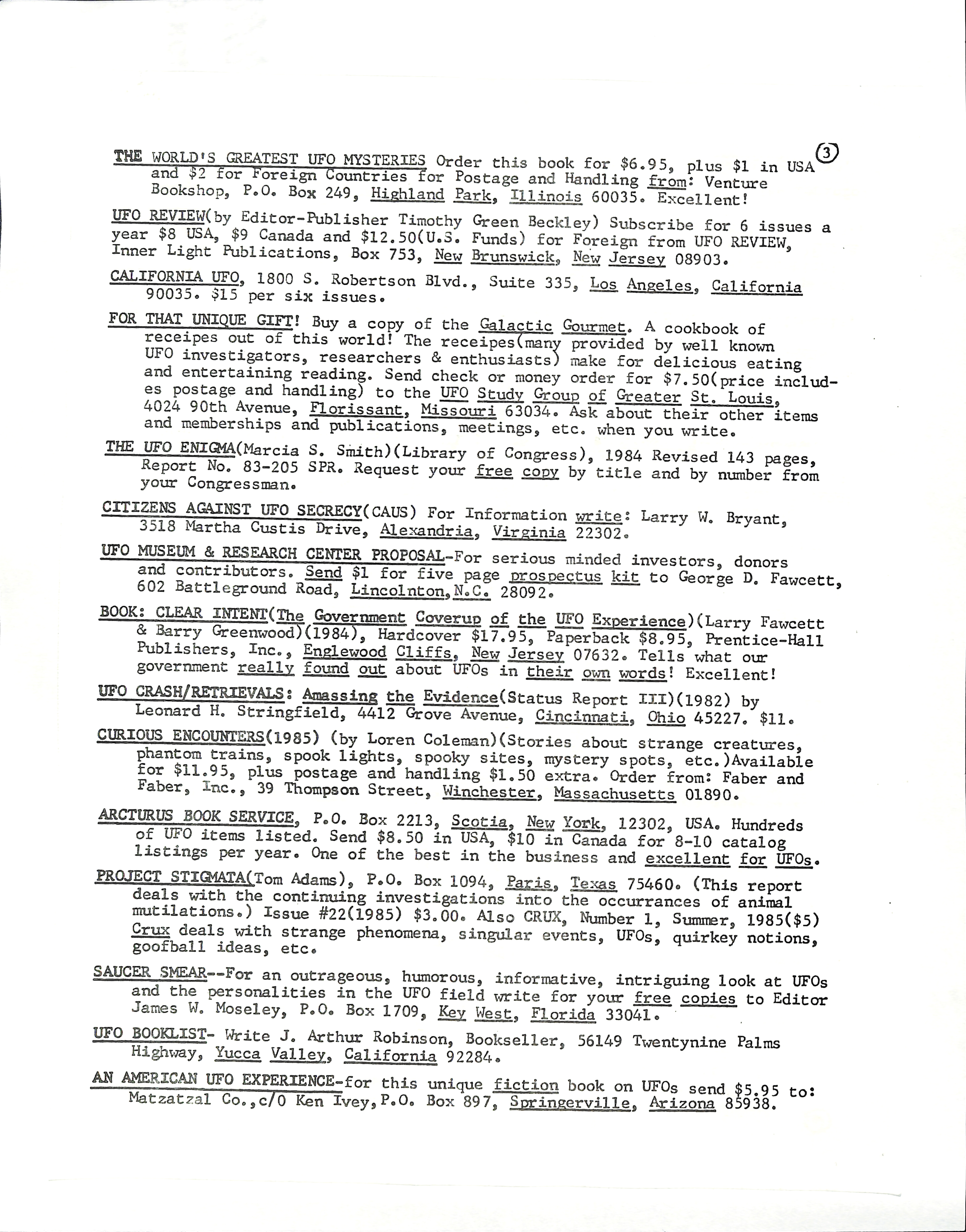 Information Releases Relating to Unidentified Flying Object