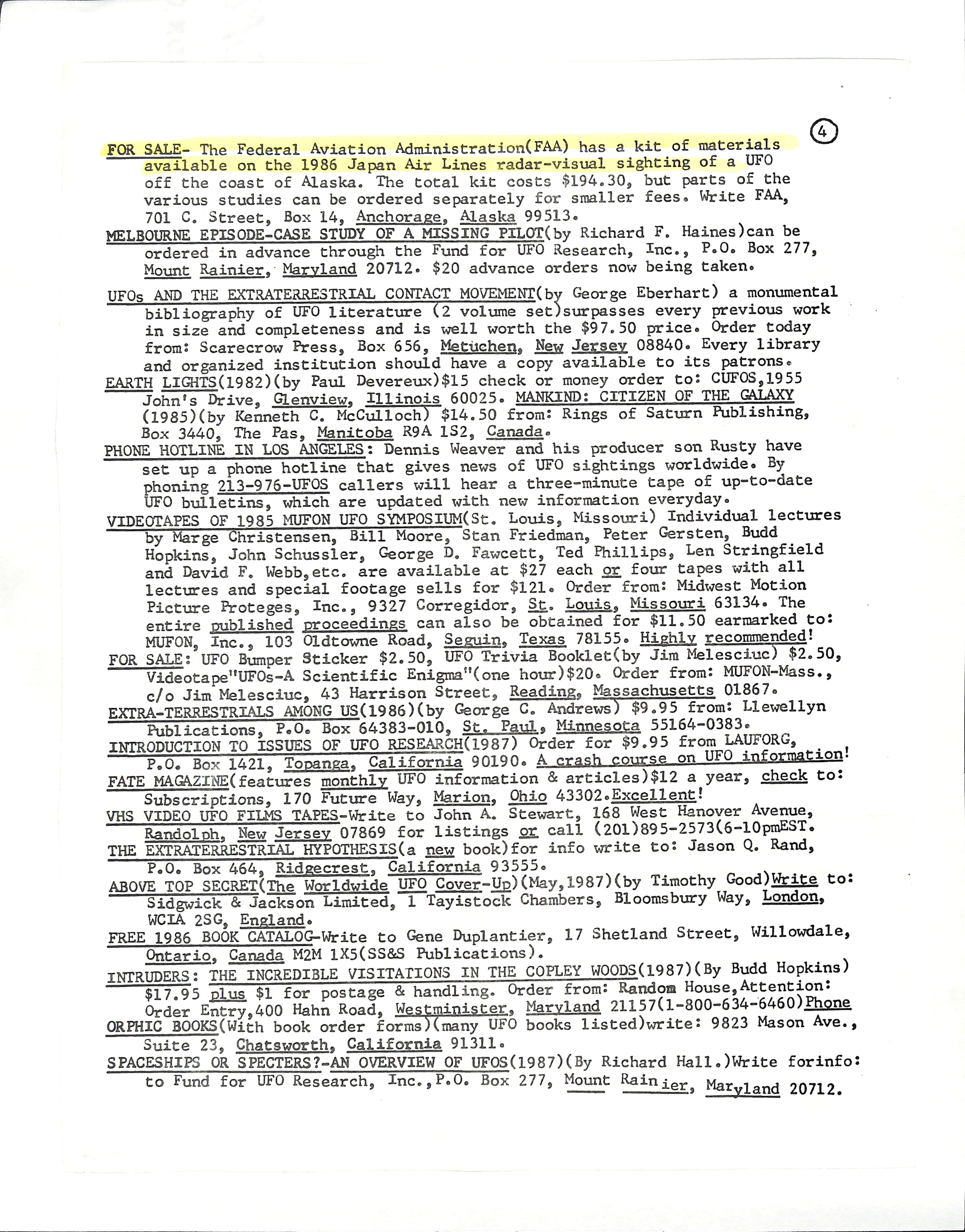 Information Releases Relating to Unidentified Flying Object