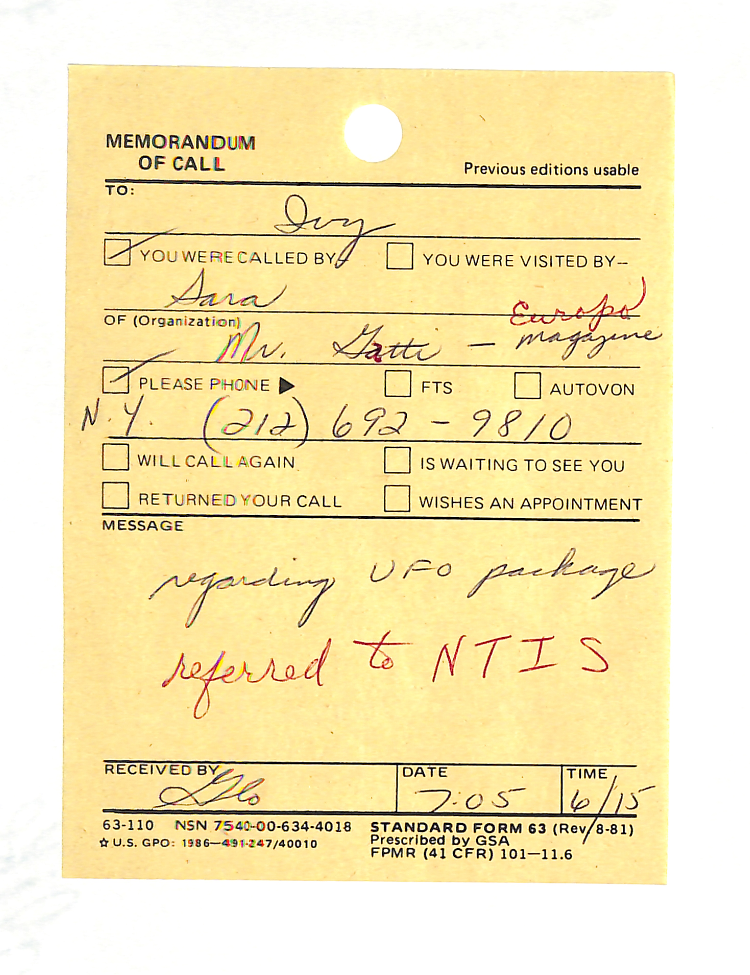 Information Releases Relating to Unidentified Flying Object