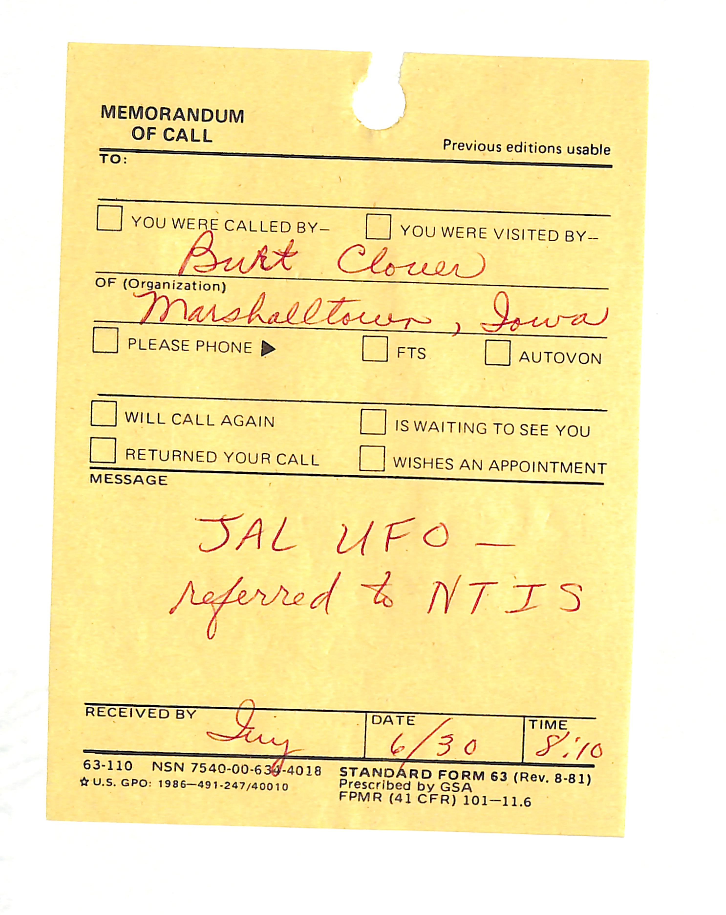 Information Releases Relating to Unidentified Flying Object