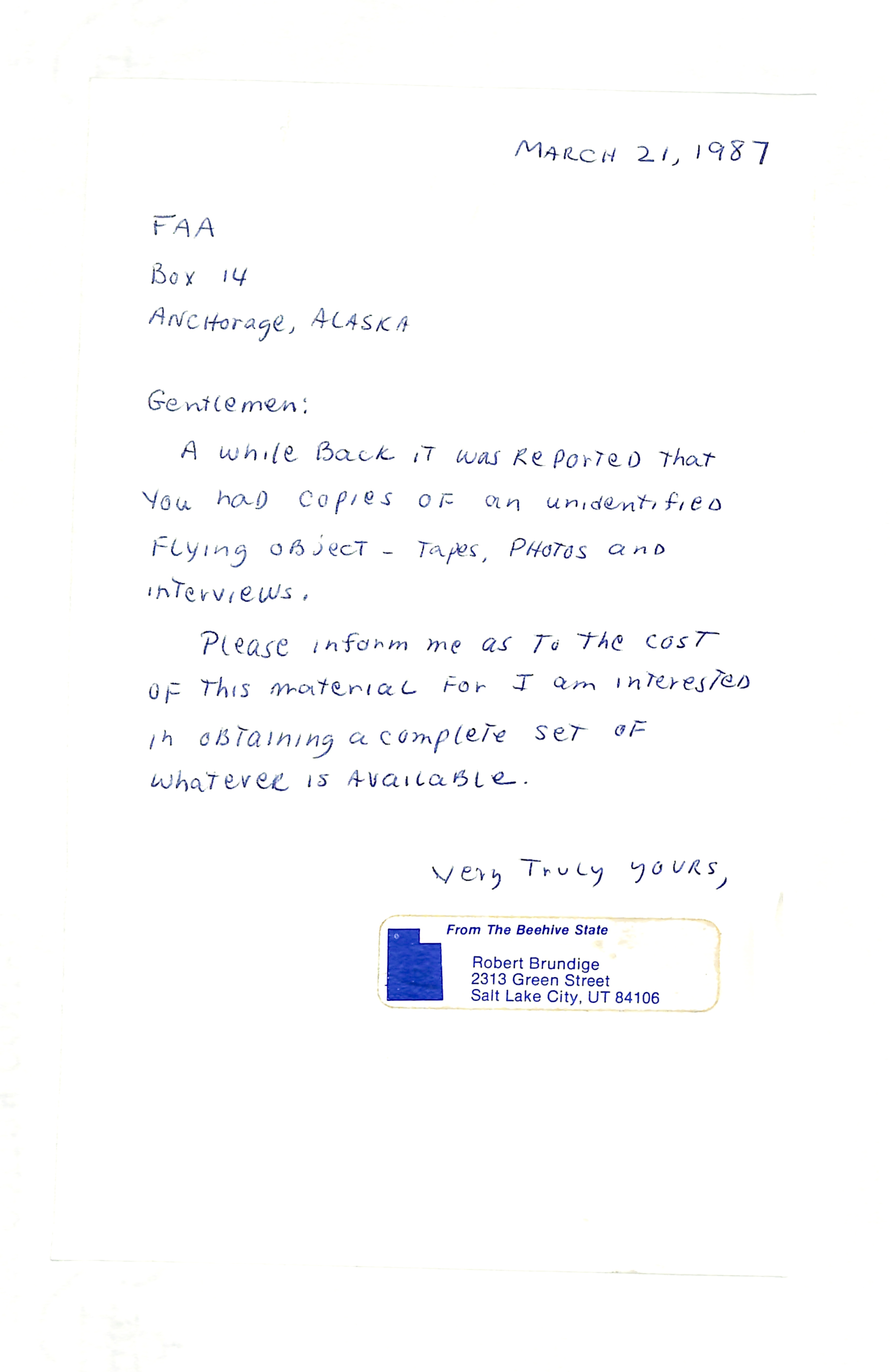 Information Releases Relating to Unidentified Flying Object