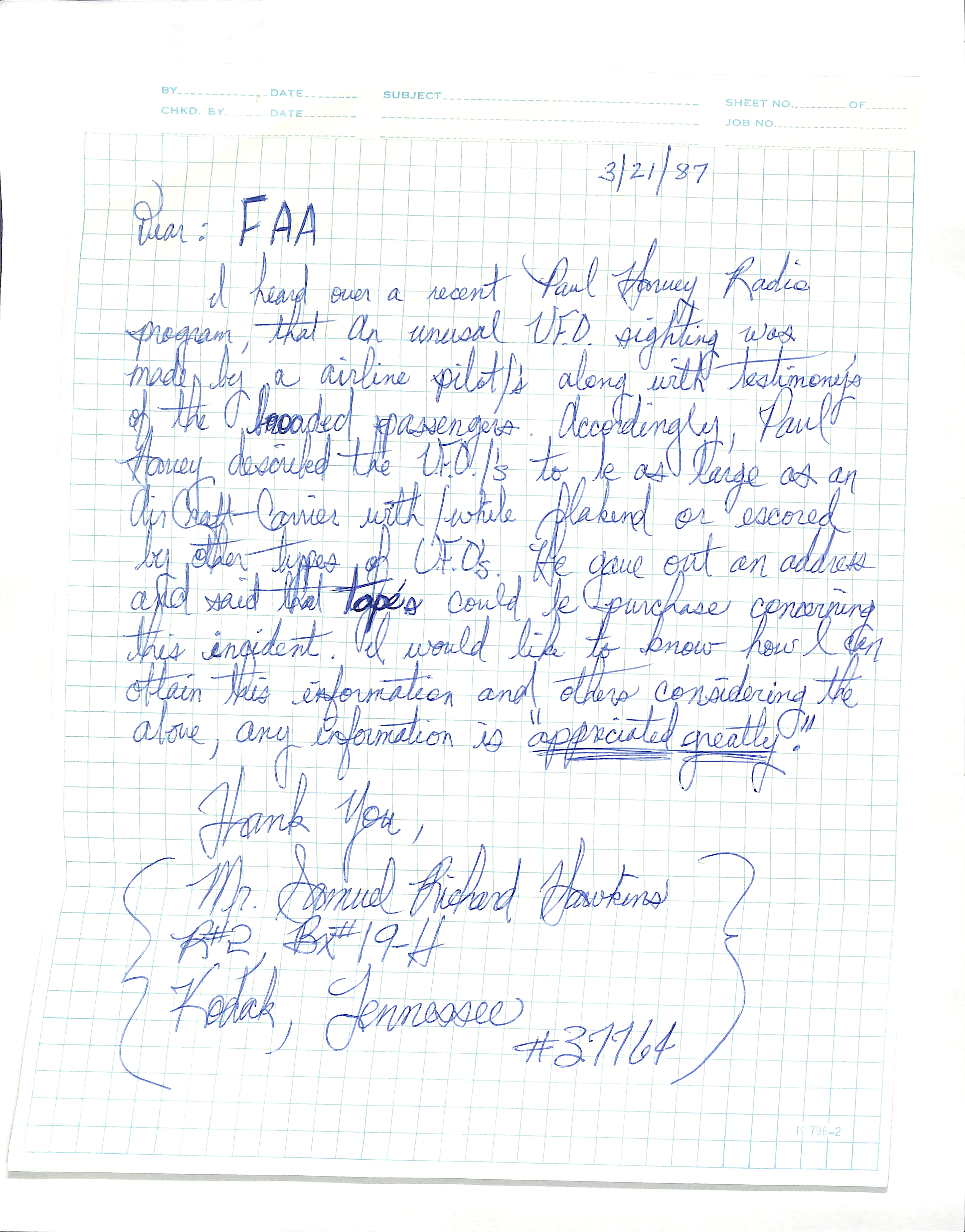 Information Releases Relating to Unidentified Flying Object