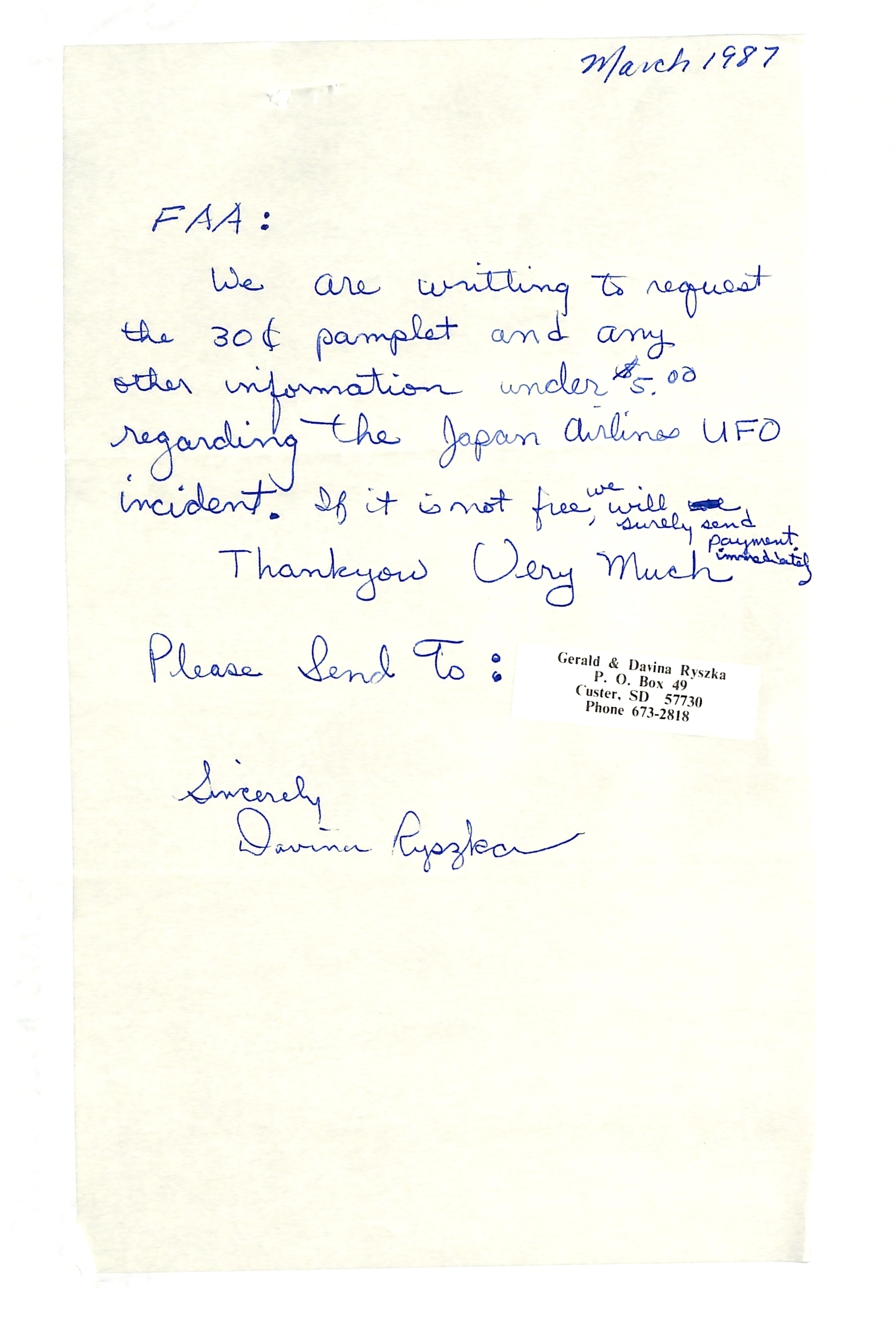 Information Releases Relating to Unidentified Flying Object
