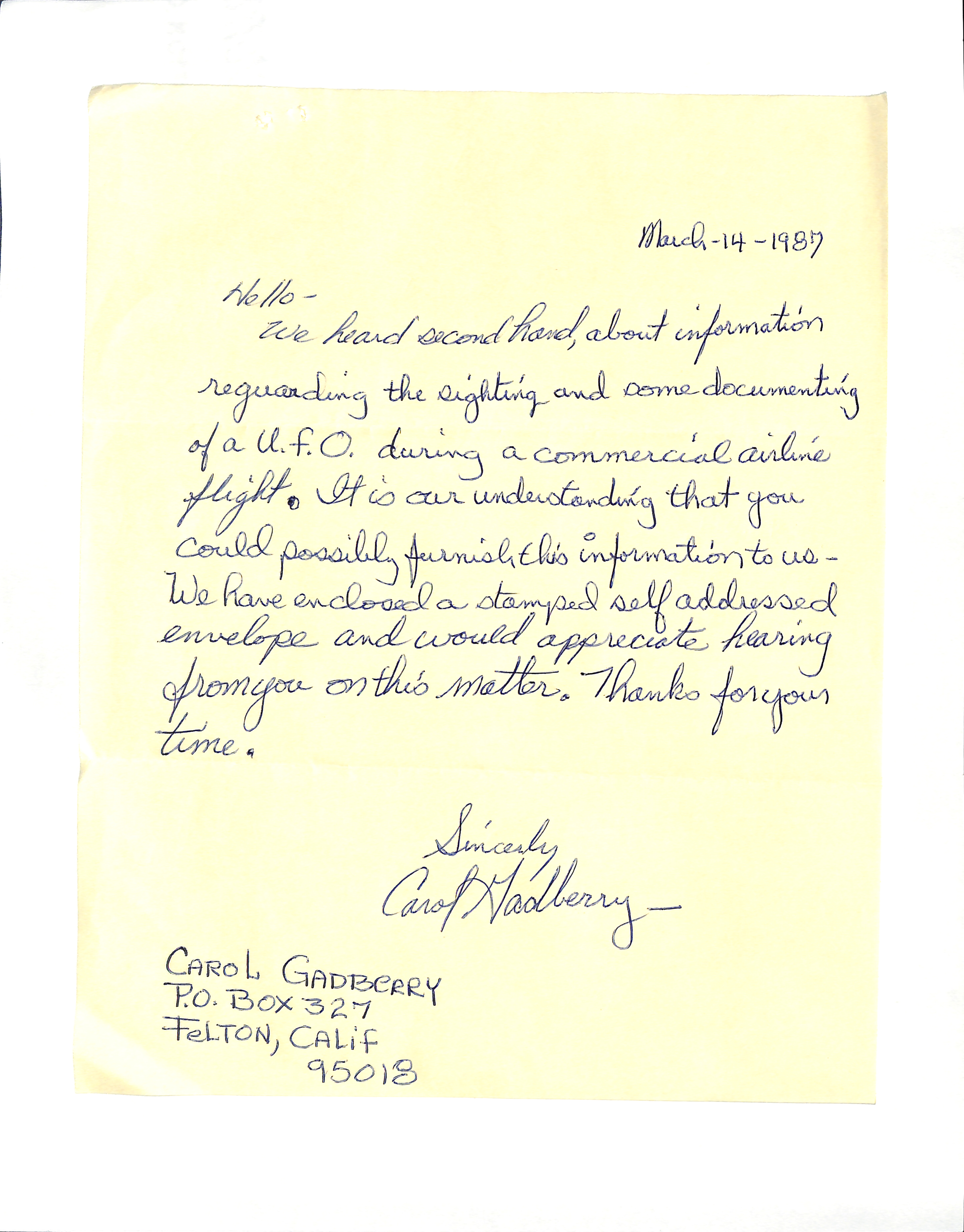 Information Releases Relating to Unidentified Flying Object