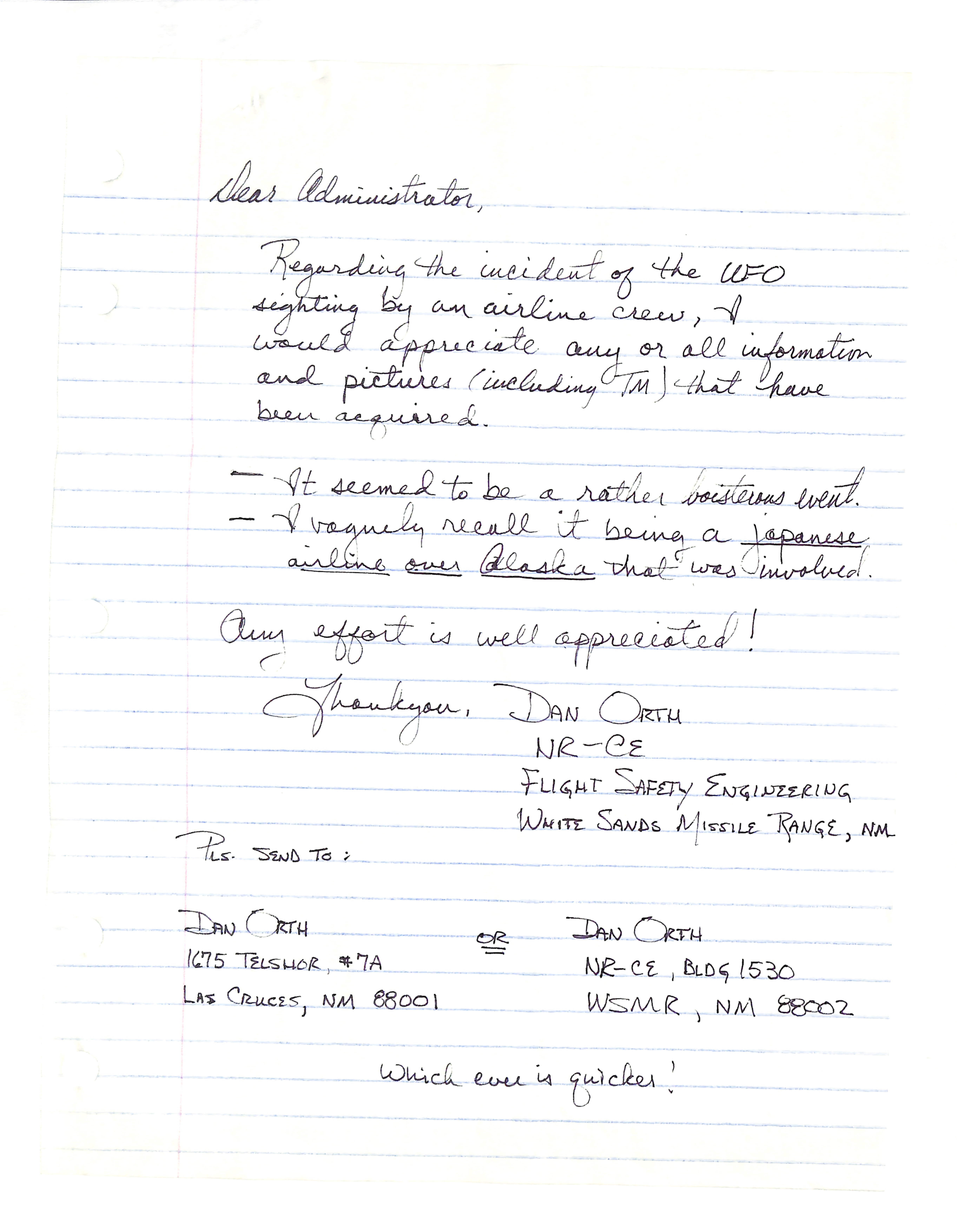 Information Releases Relating to Unidentified Flying Object