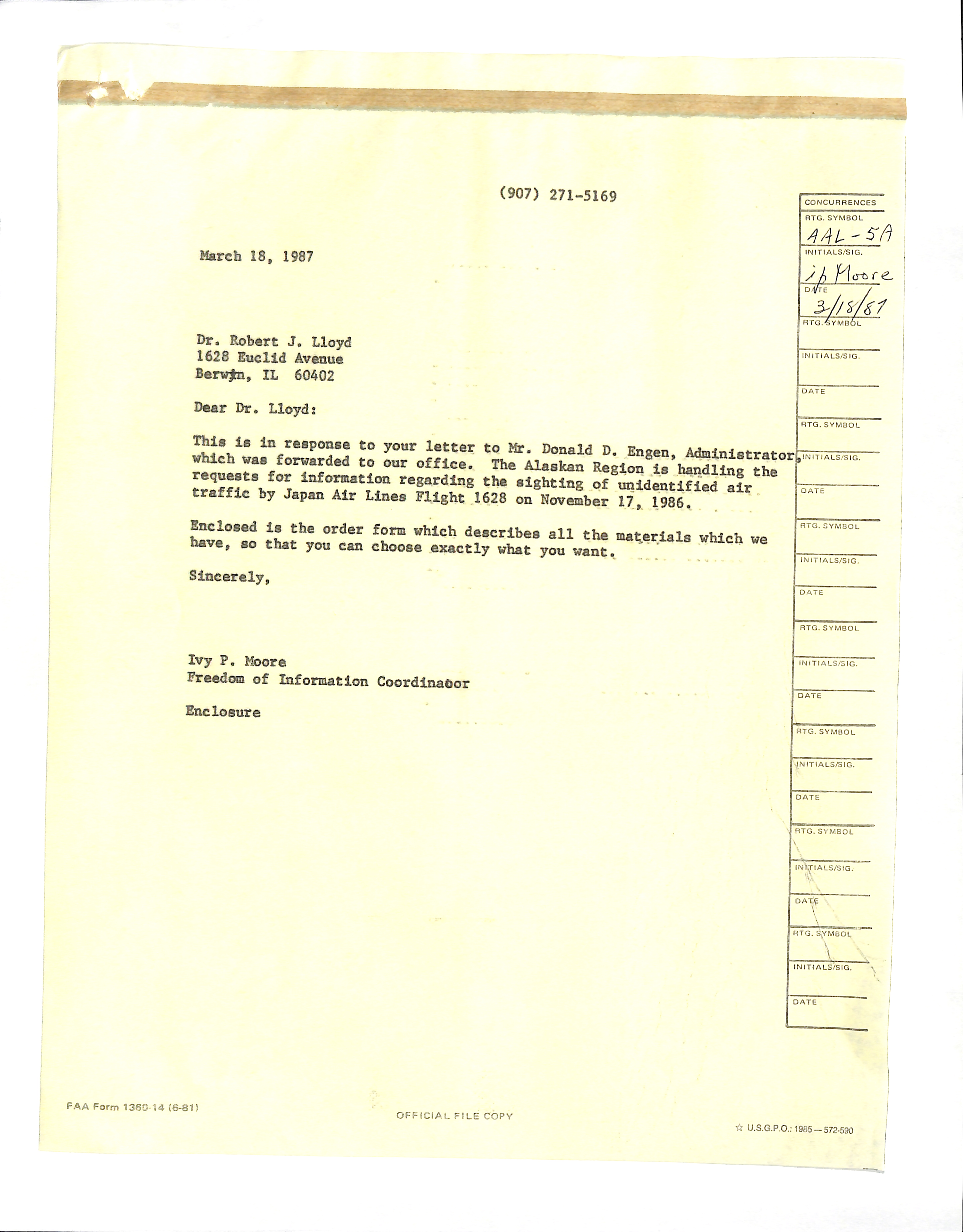 Information Releases Relating to Unidentified Flying Object