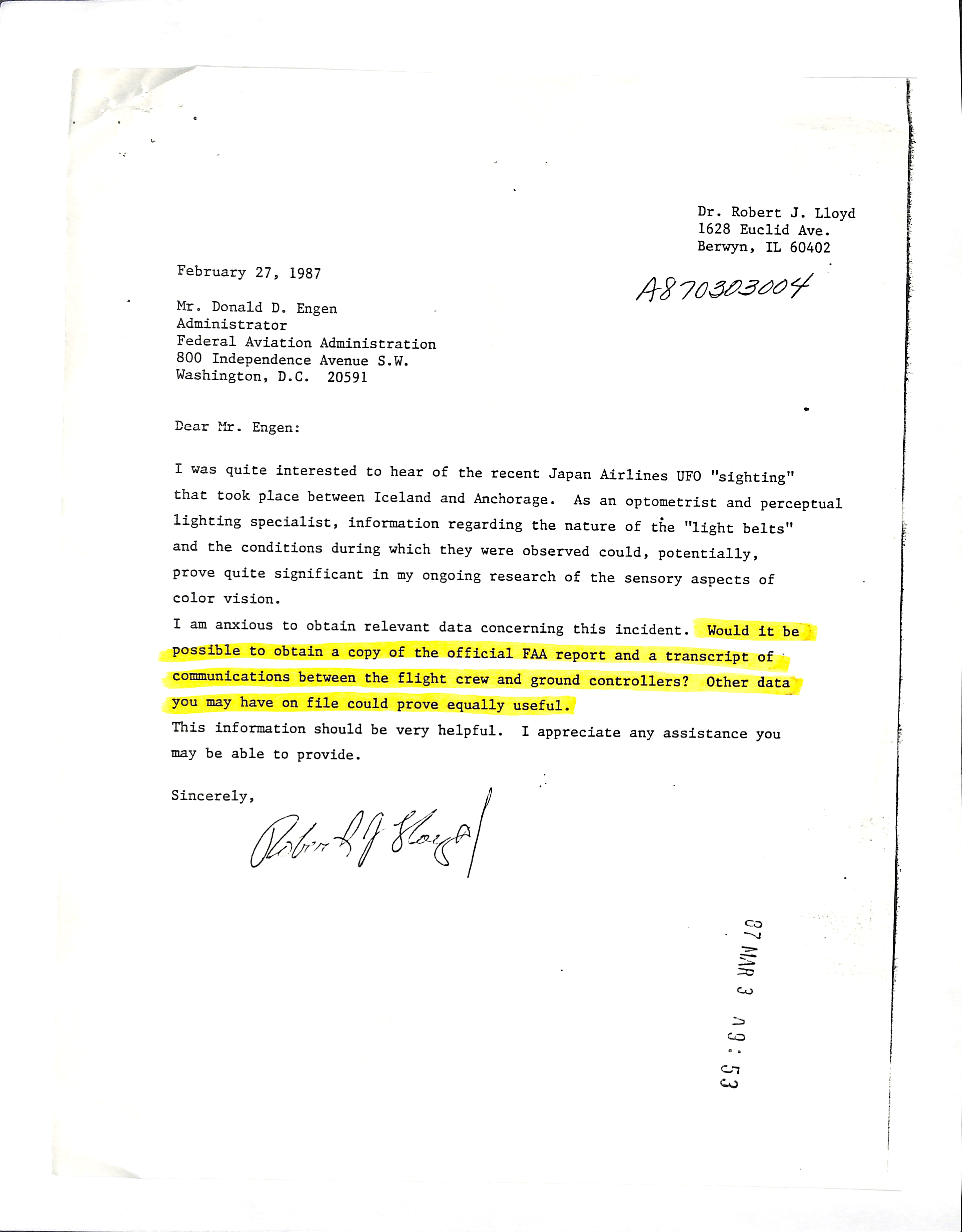 Information Releases Relating to Unidentified Flying Object