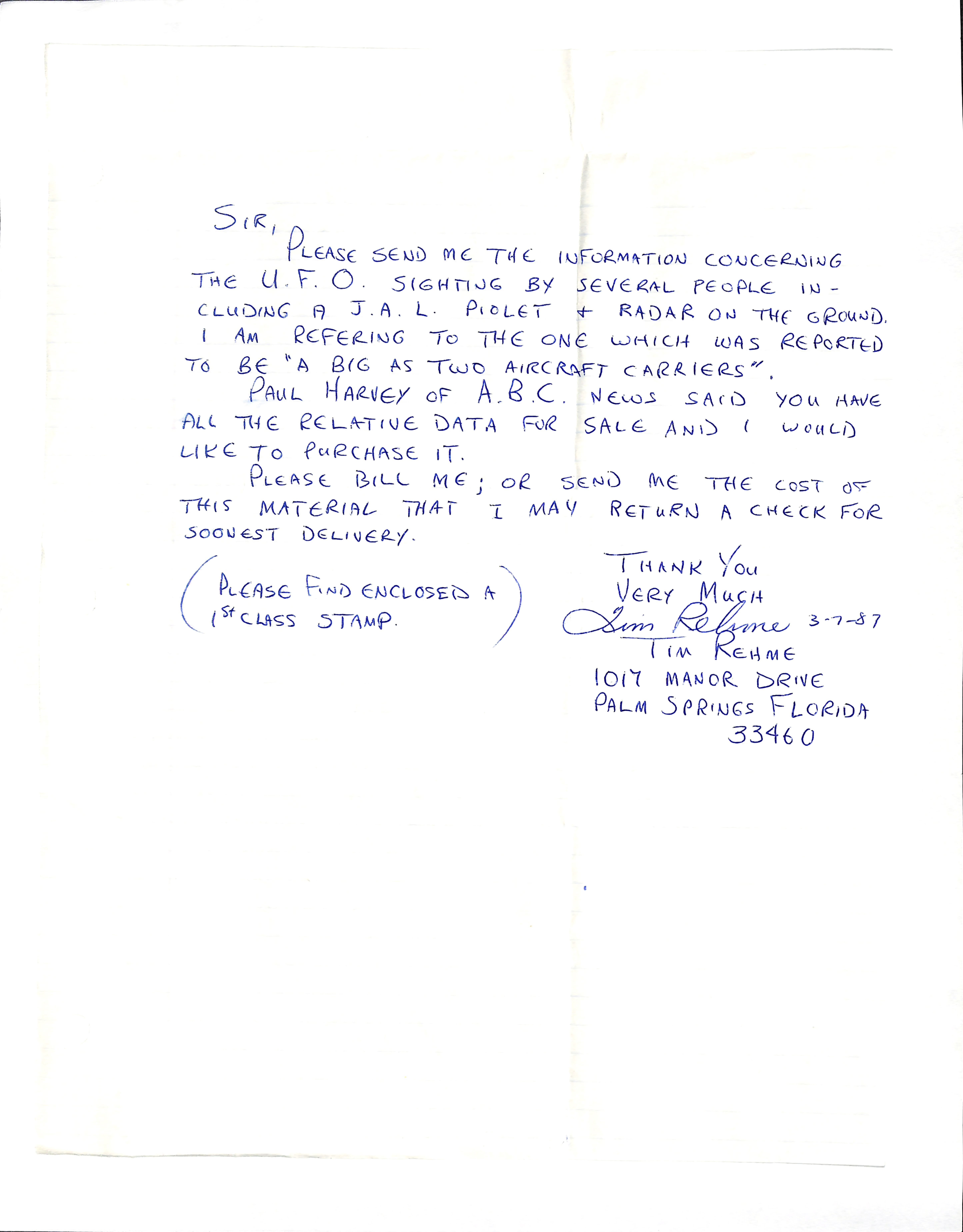 Information Releases Relating to Unidentified Flying Object