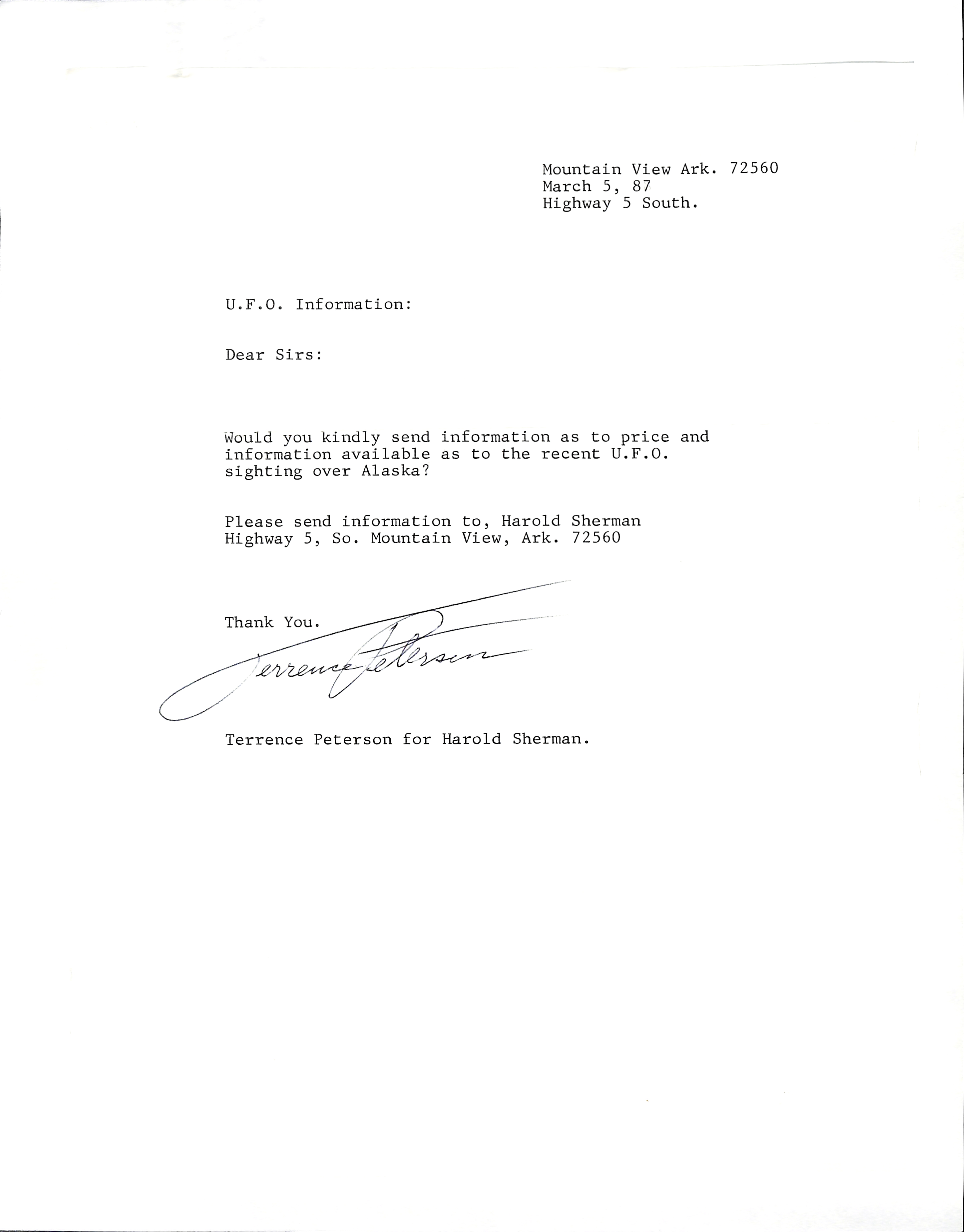 Information Releases Relating to Unidentified Flying Object