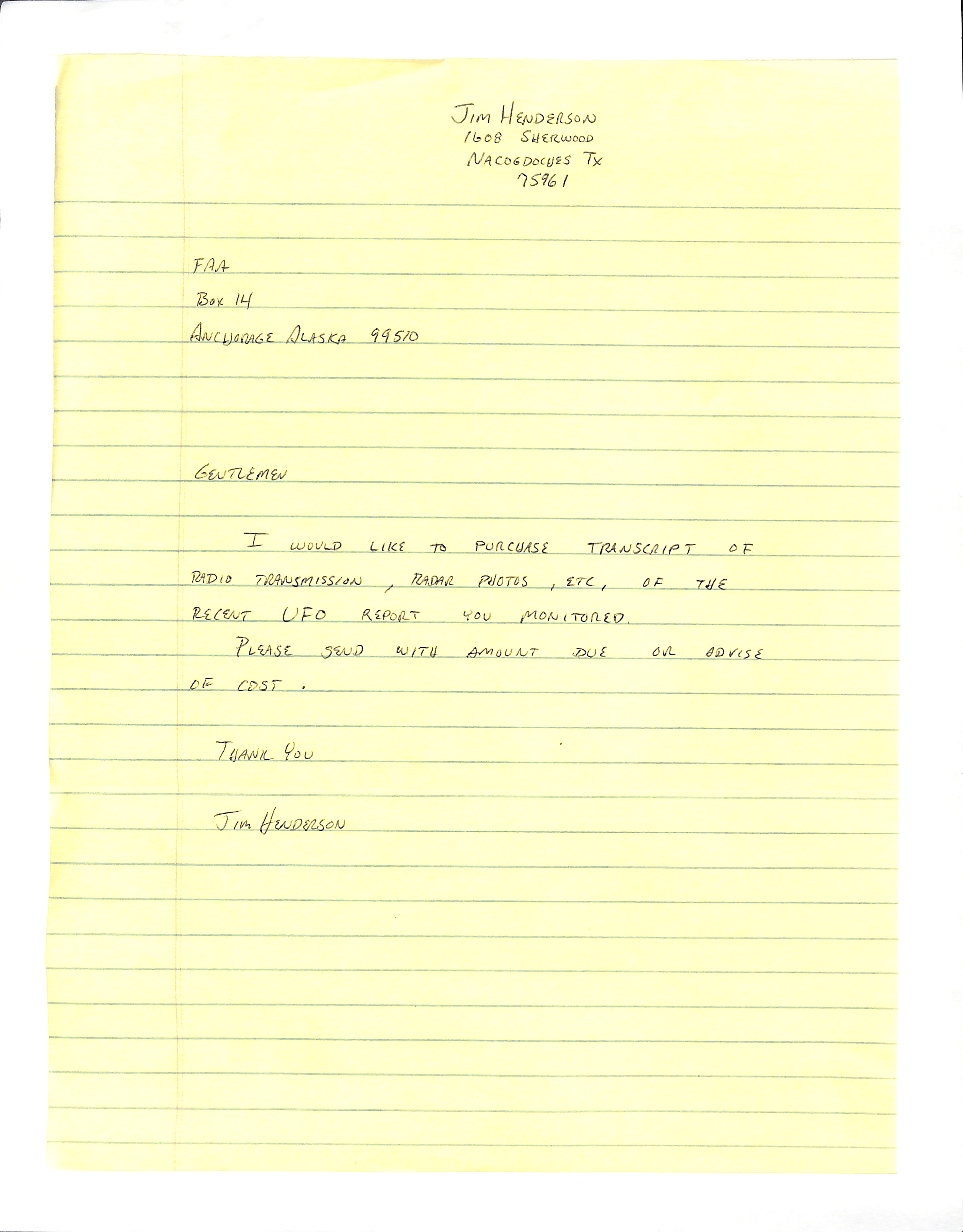 Information Releases Relating to Unidentified Flying Object