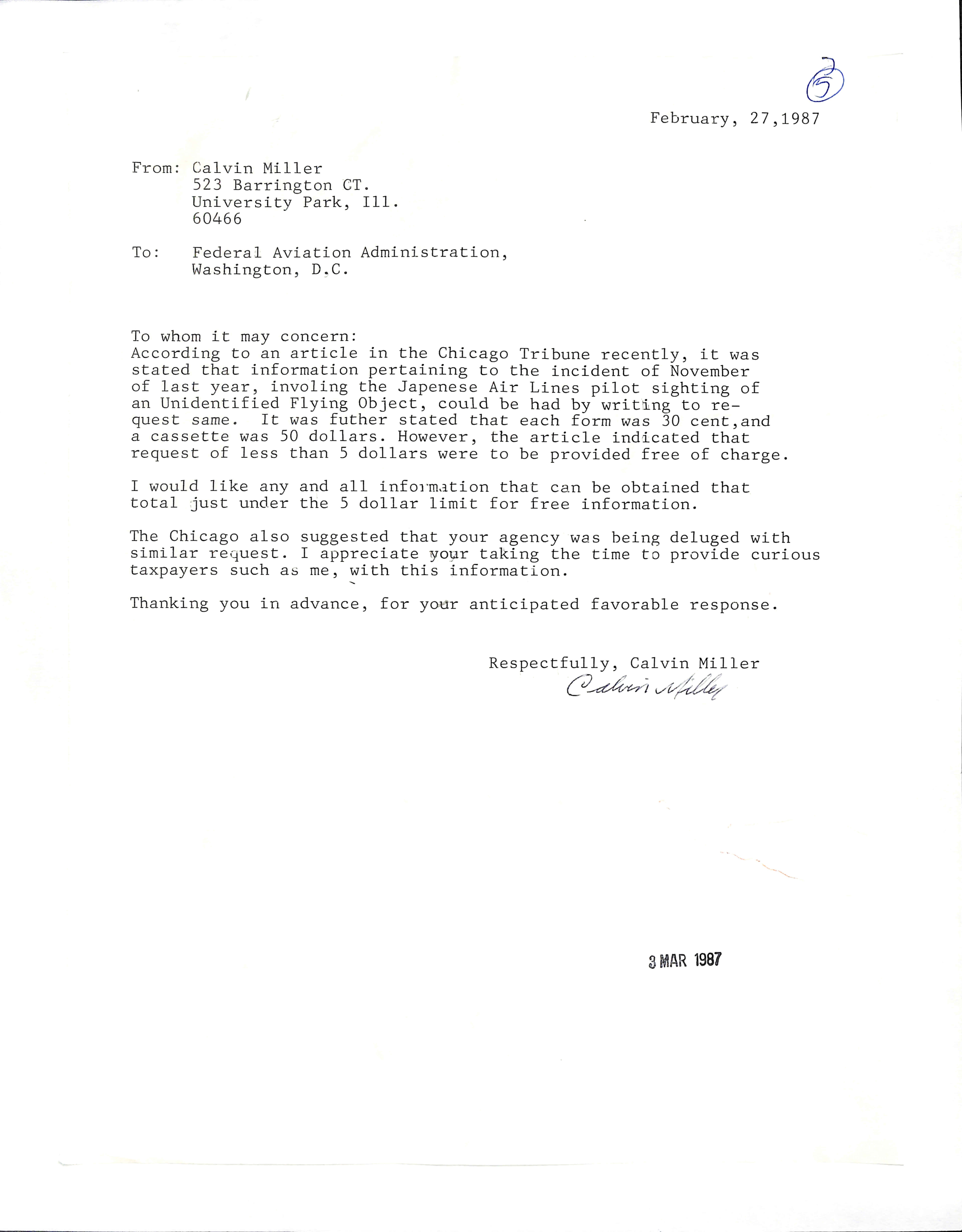 Information Releases Relating to Unidentified Flying Object