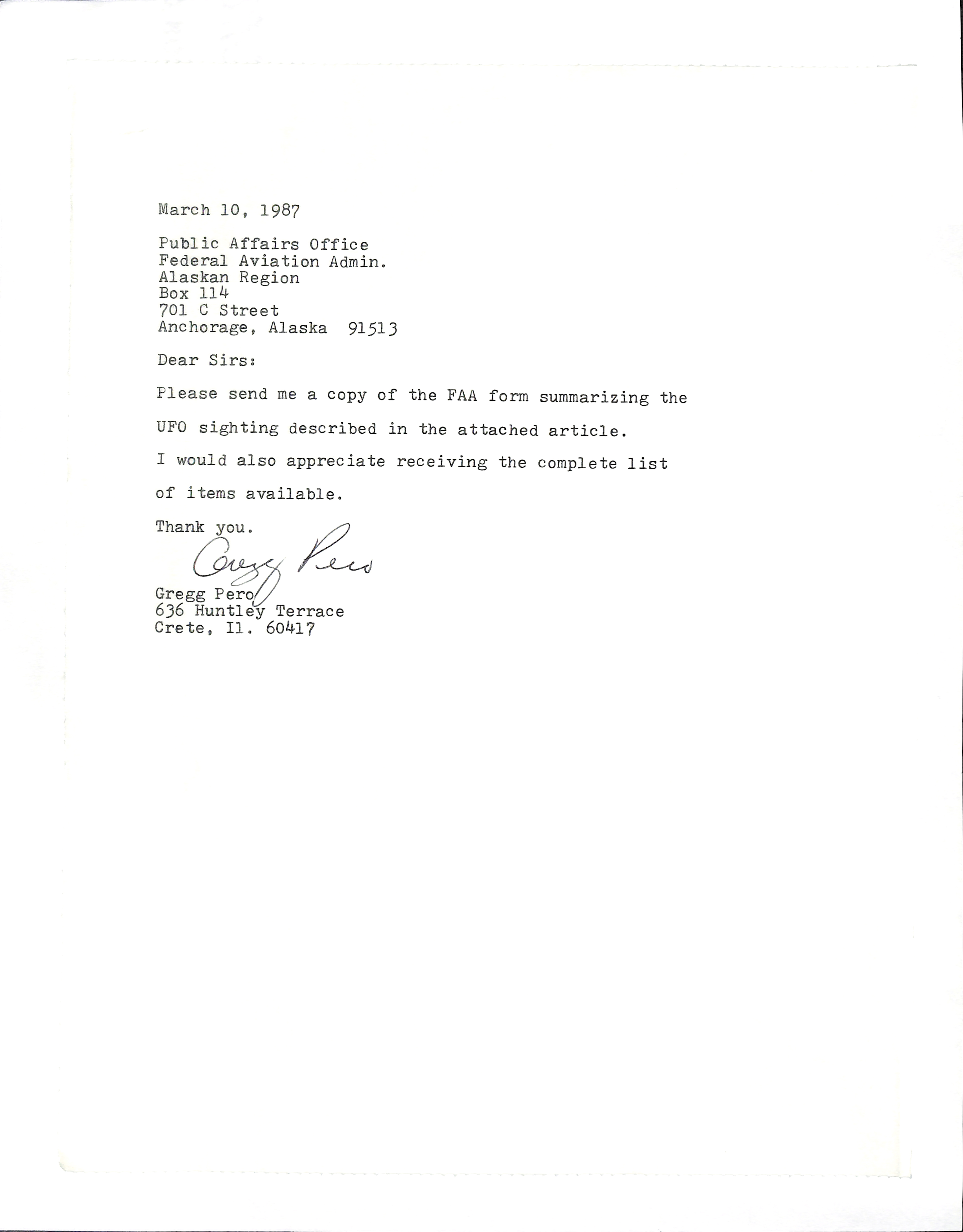 Information Releases Relating to Unidentified Flying Object
