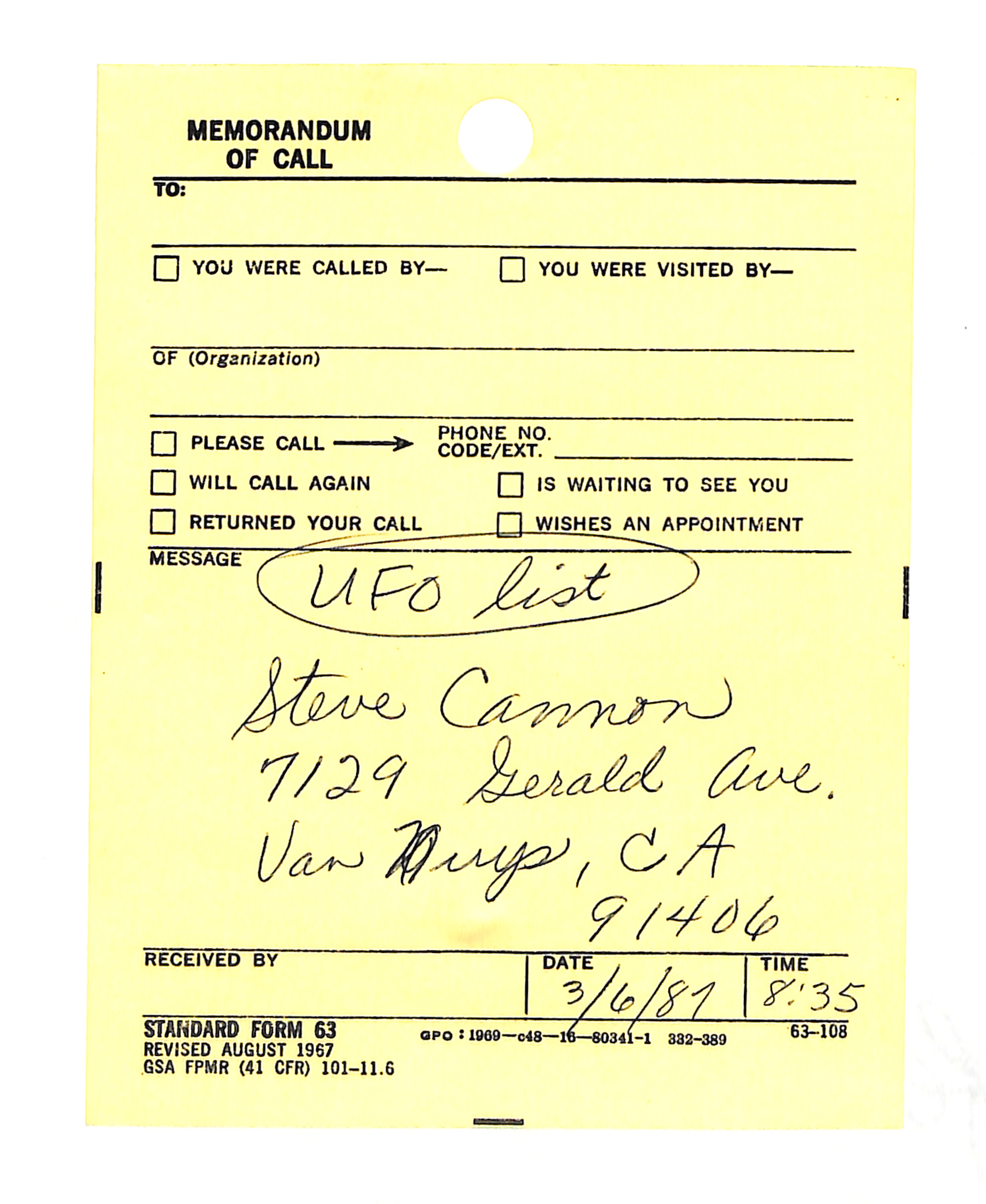 Information Releases Relating to Unidentified Flying Object