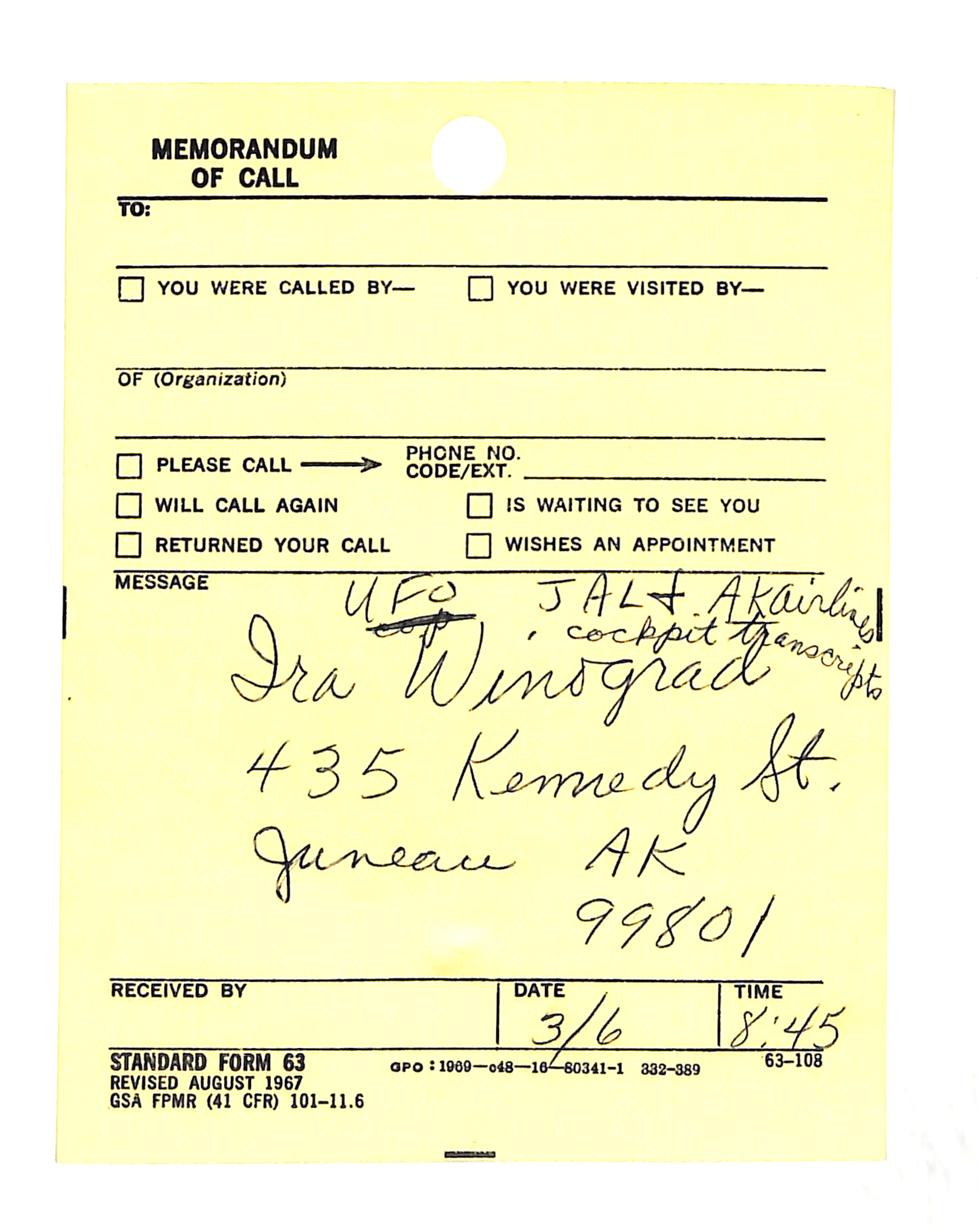 Information Releases Relating to Unidentified Flying Object