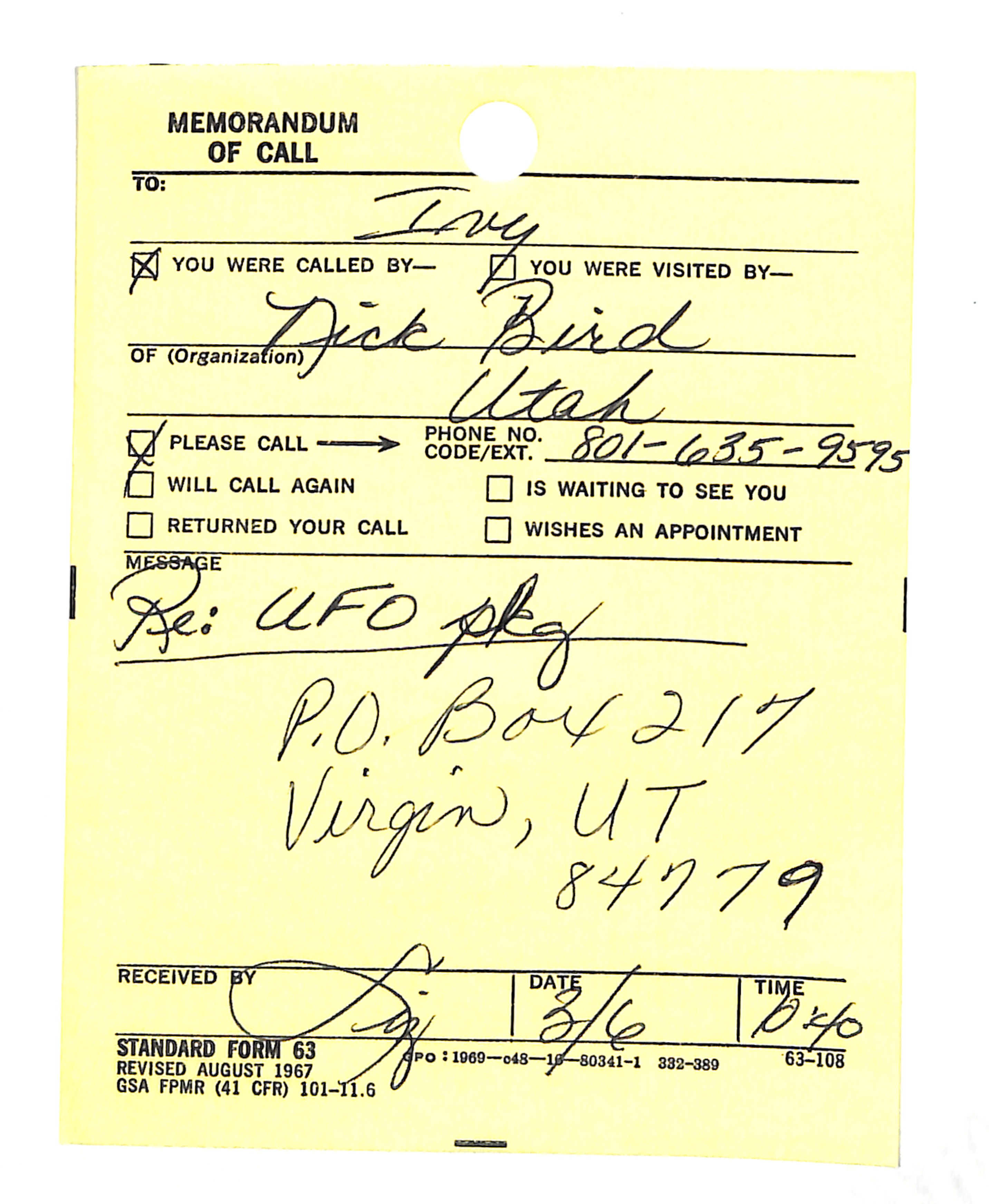 Information Releases Relating to Unidentified Flying Object