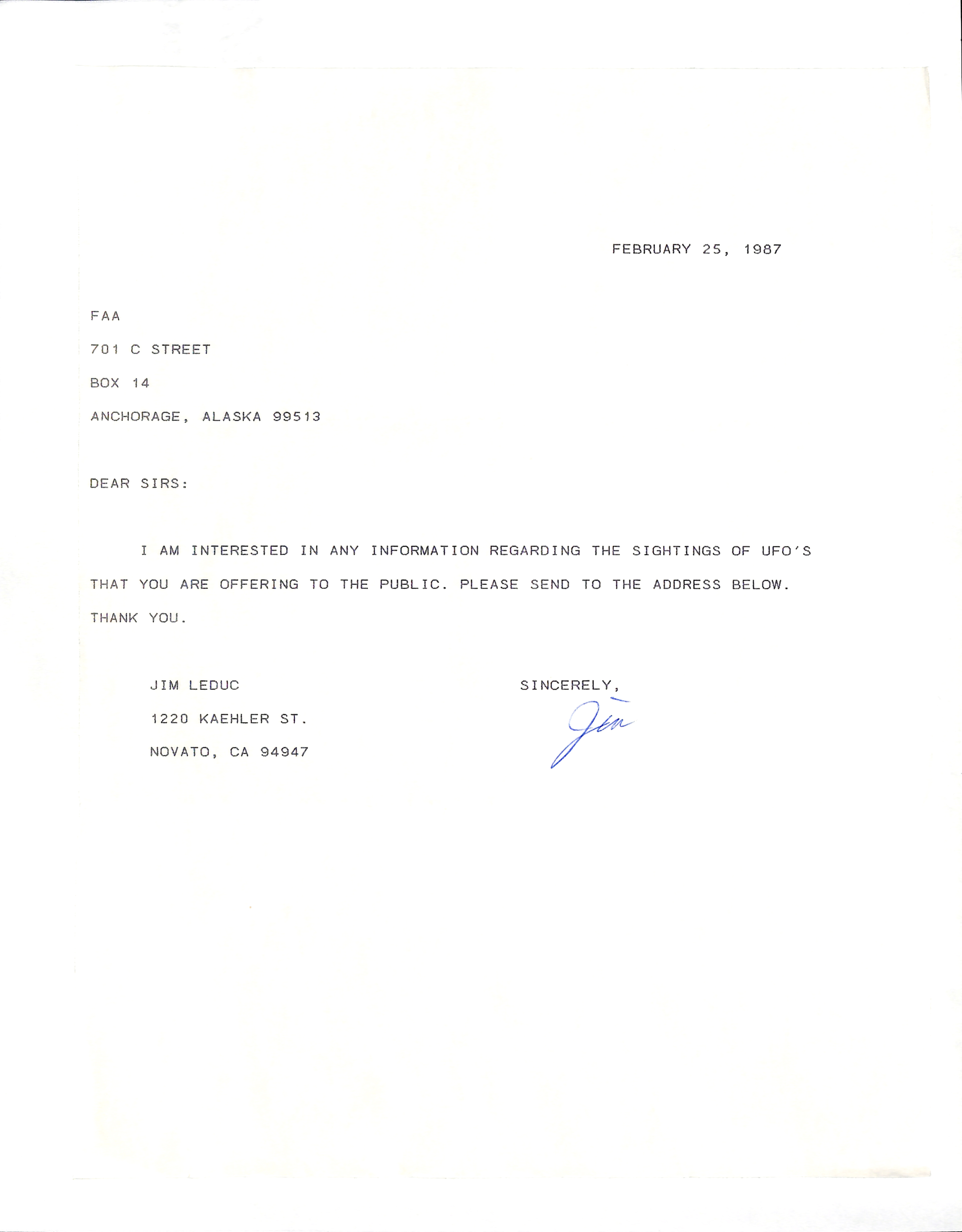 Information Releases Relating to Unidentified Flying Object