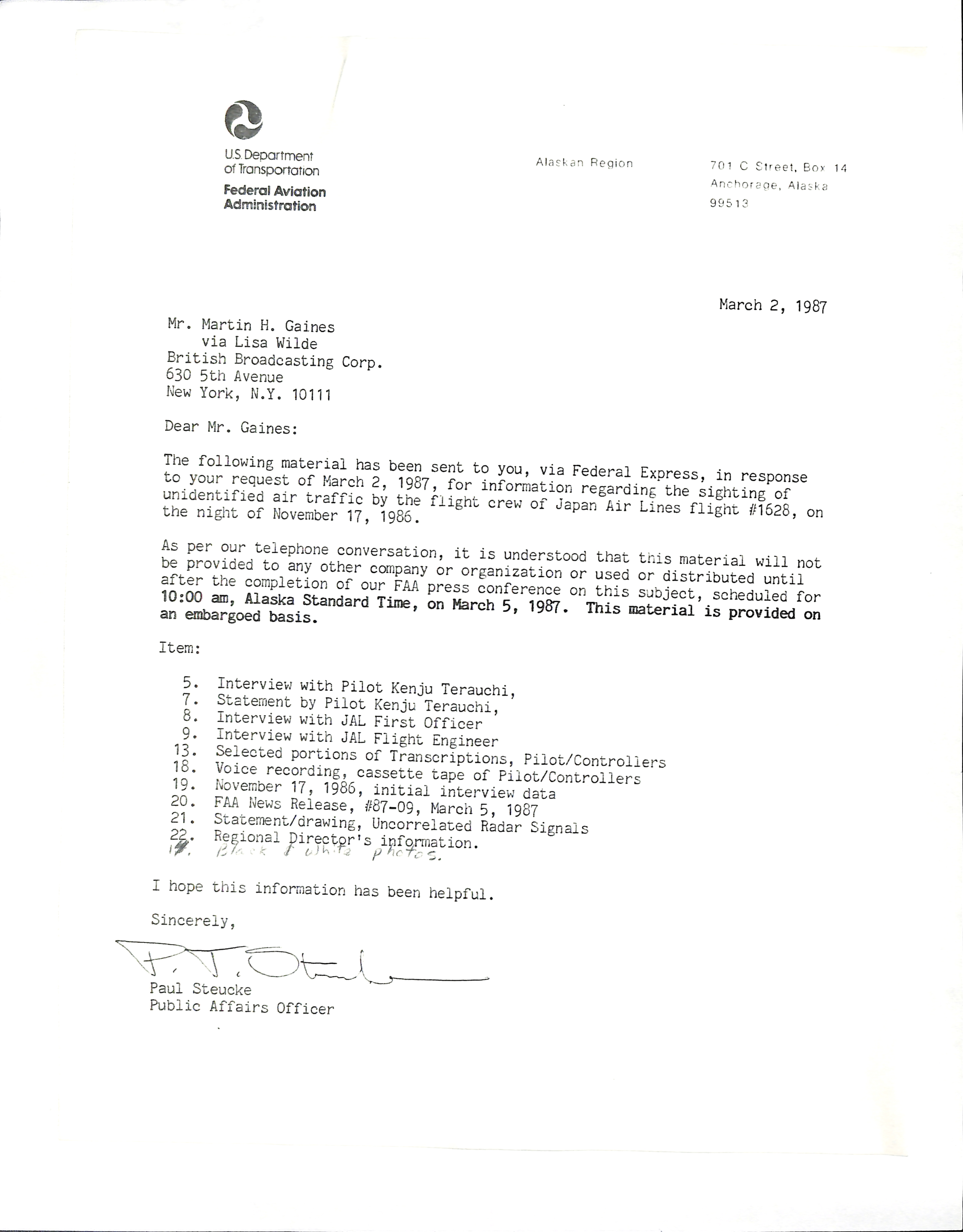Information Releases Relating to Unidentified Flying Object