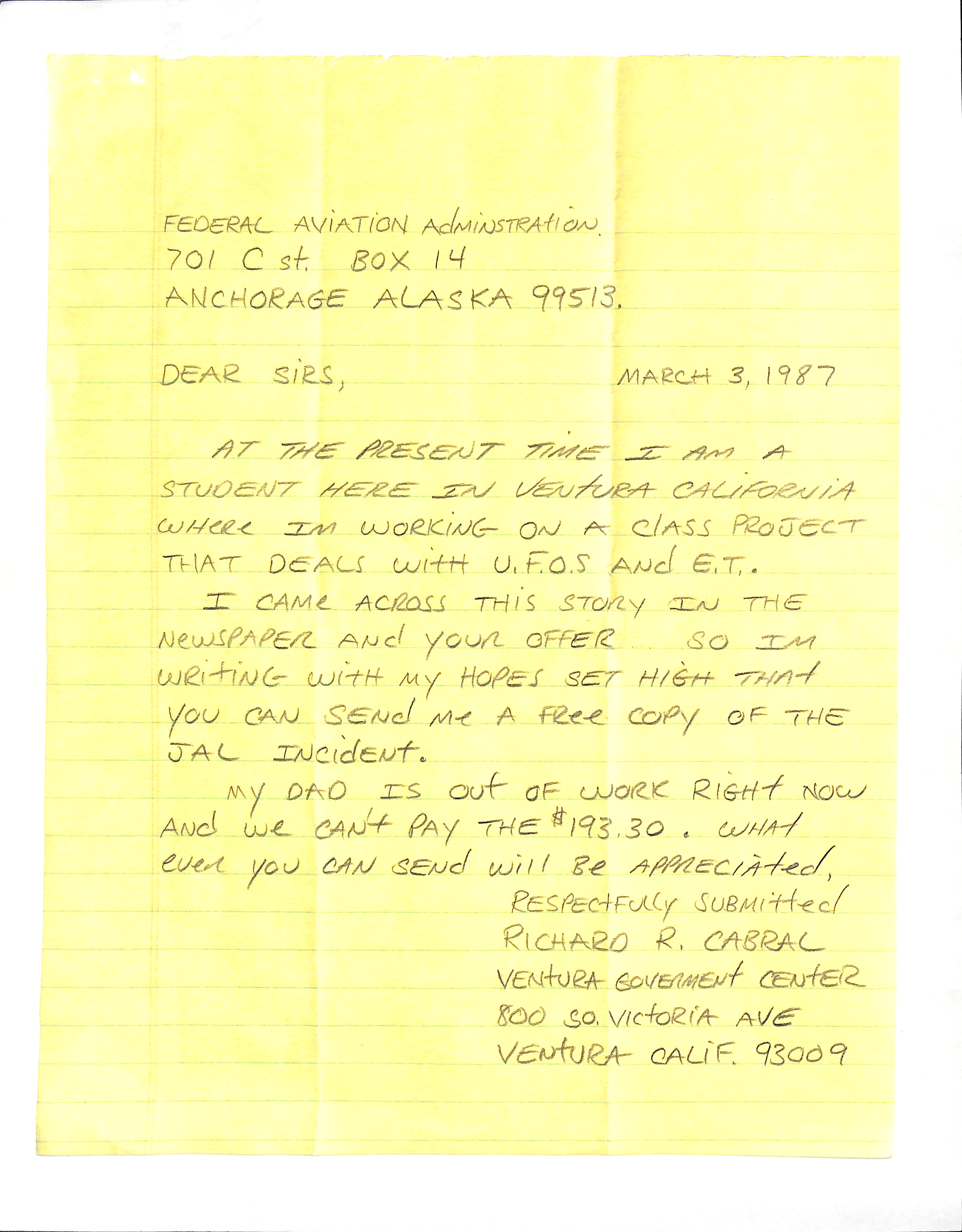 Information Releases Relating to Unidentified Flying Object