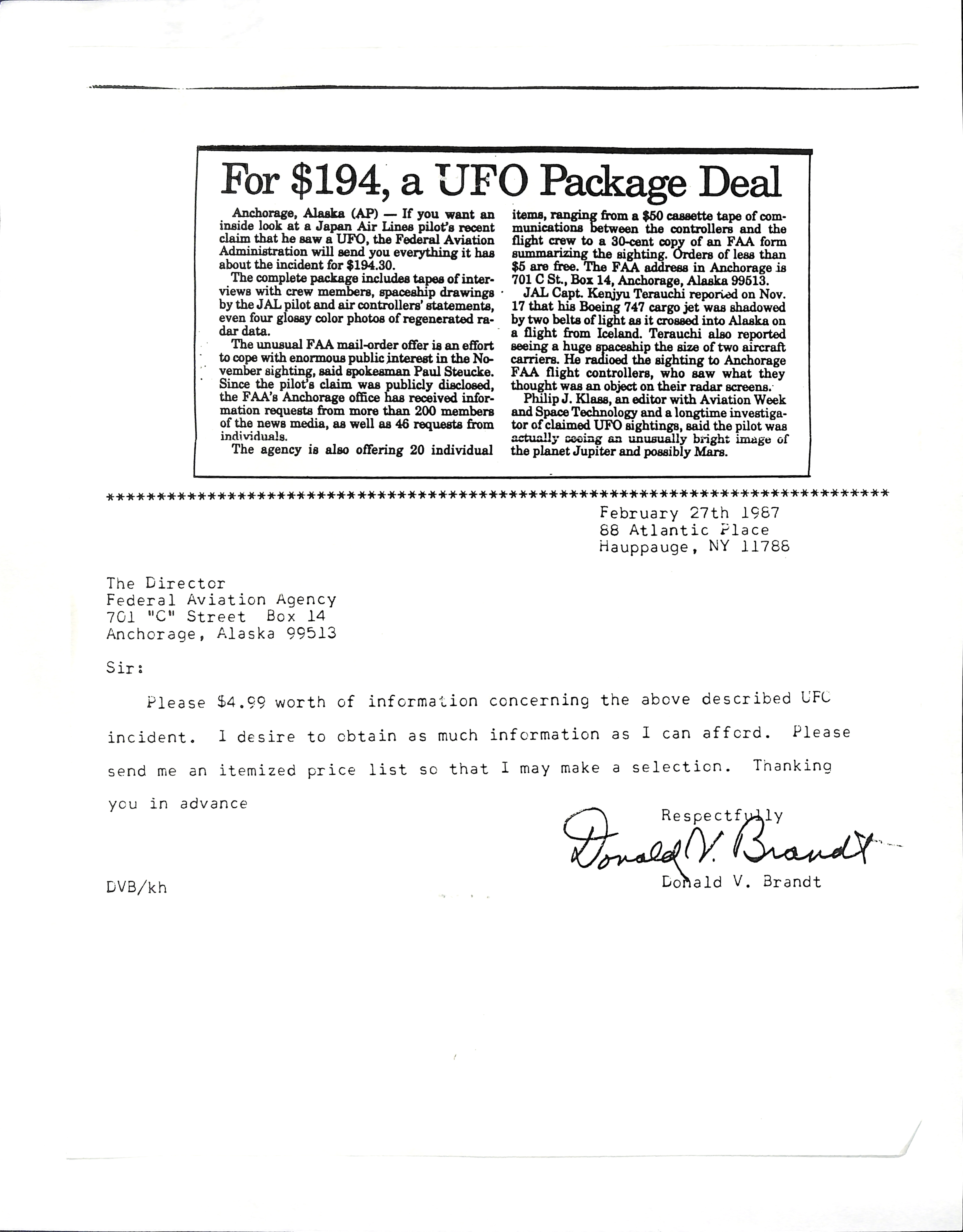 Information Releases Relating to Unidentified Flying Object