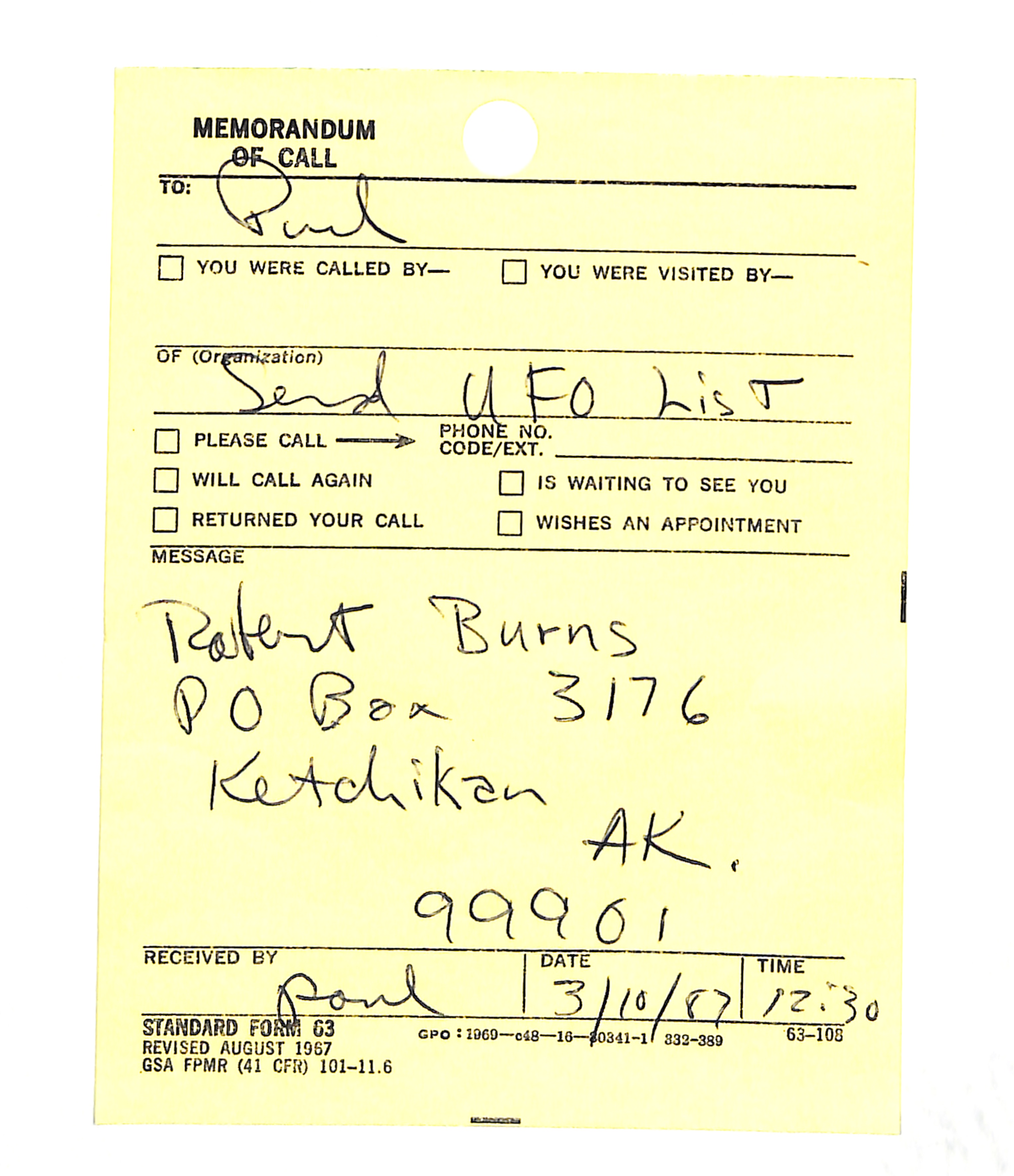 Information Releases Relating to Unidentified Flying Object