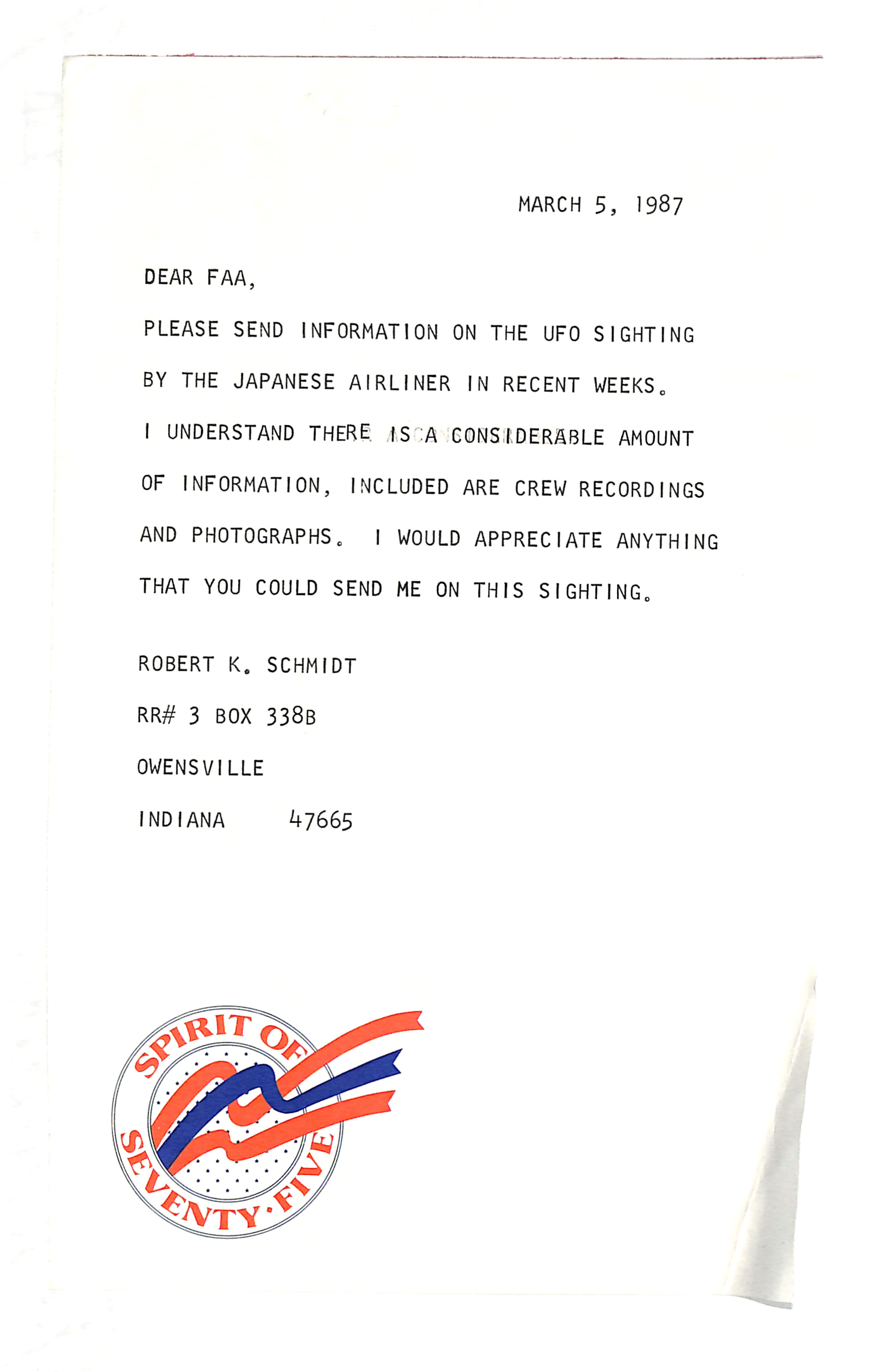 Information Releases Relating to Unidentified Flying Object