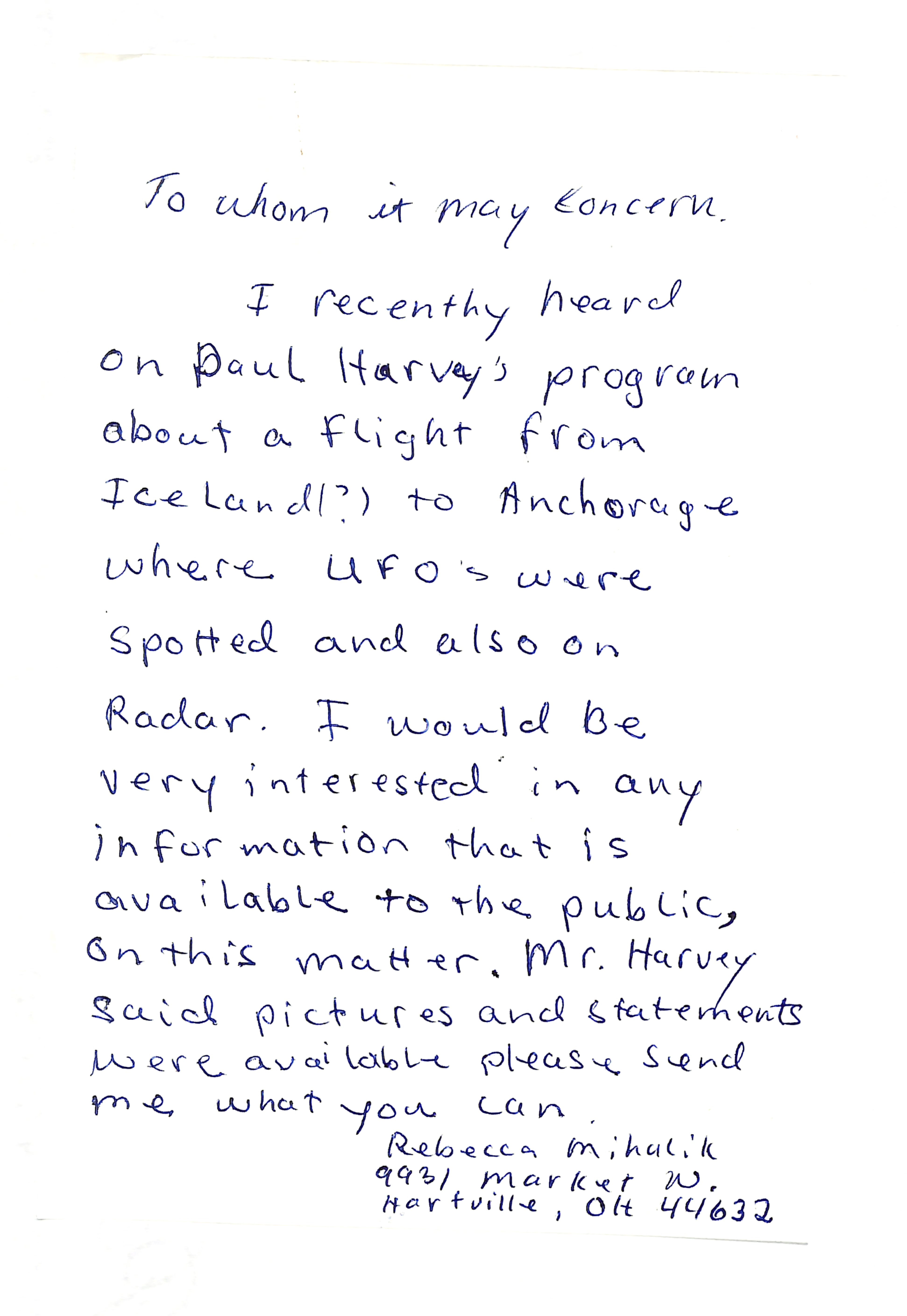 Information Releases Relating to Unidentified Flying Object