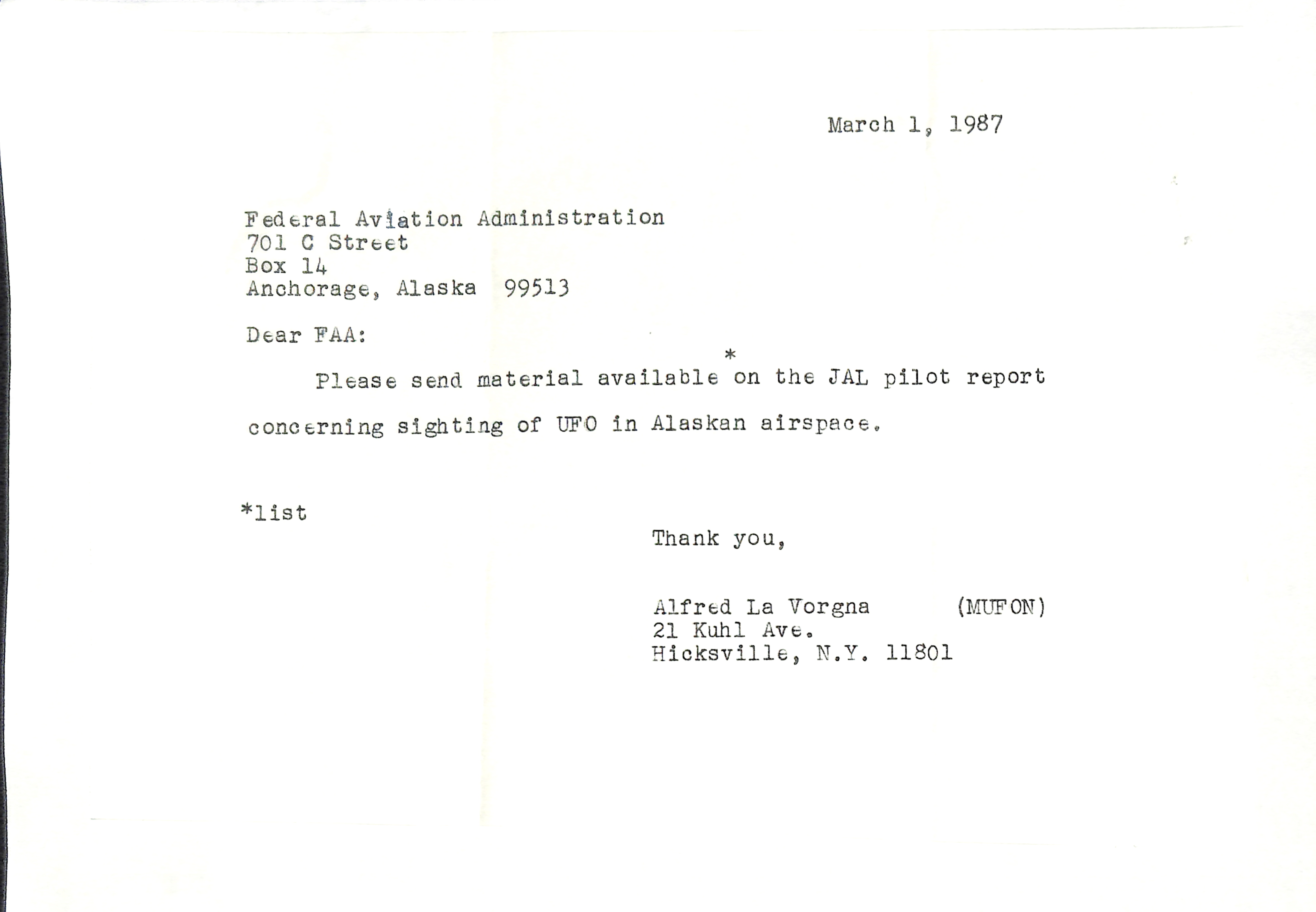 Information Releases Relating to Unidentified Flying Object