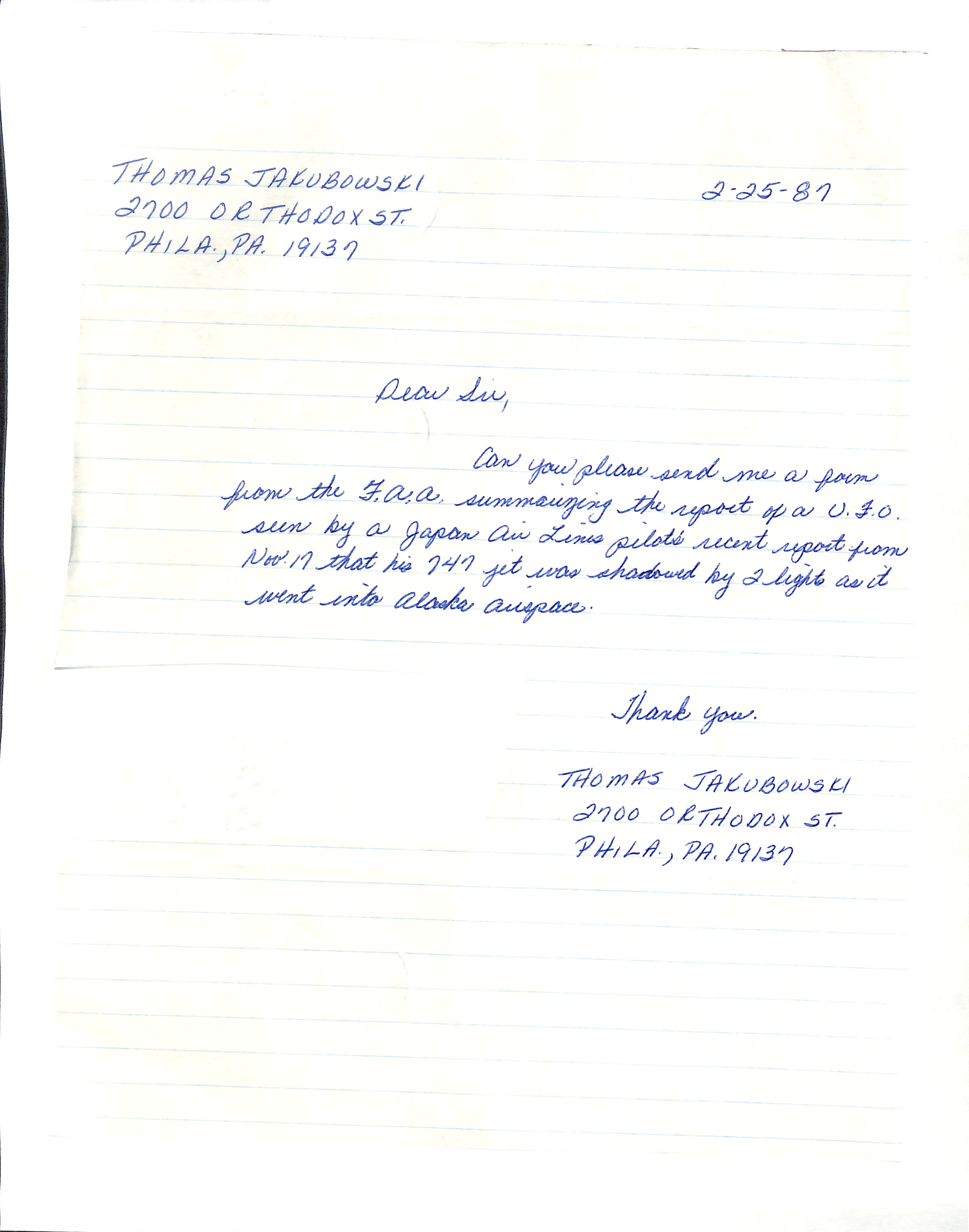 Information Releases Relating to Unidentified Flying Object