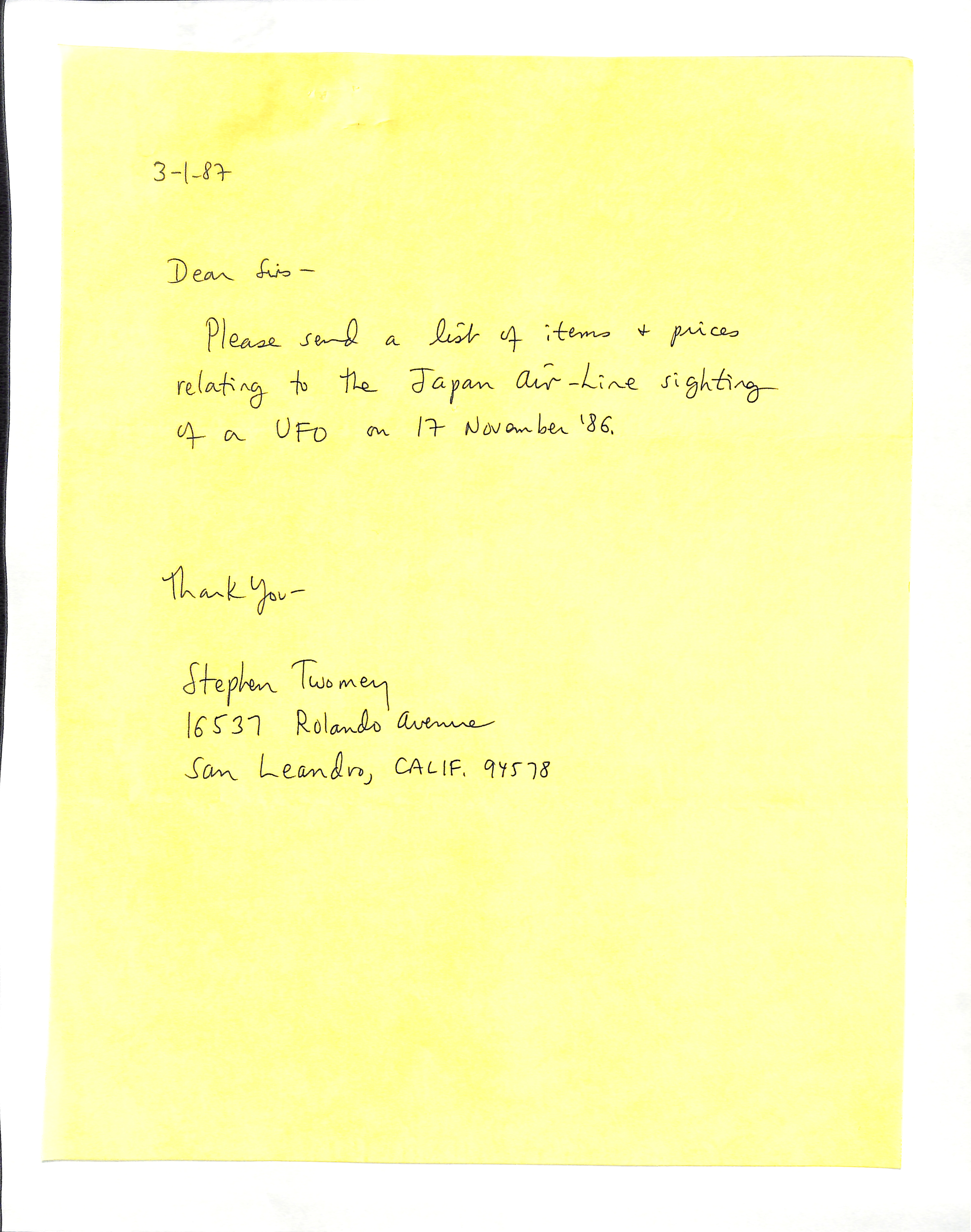 Information Releases Relating to Unidentified Flying Object