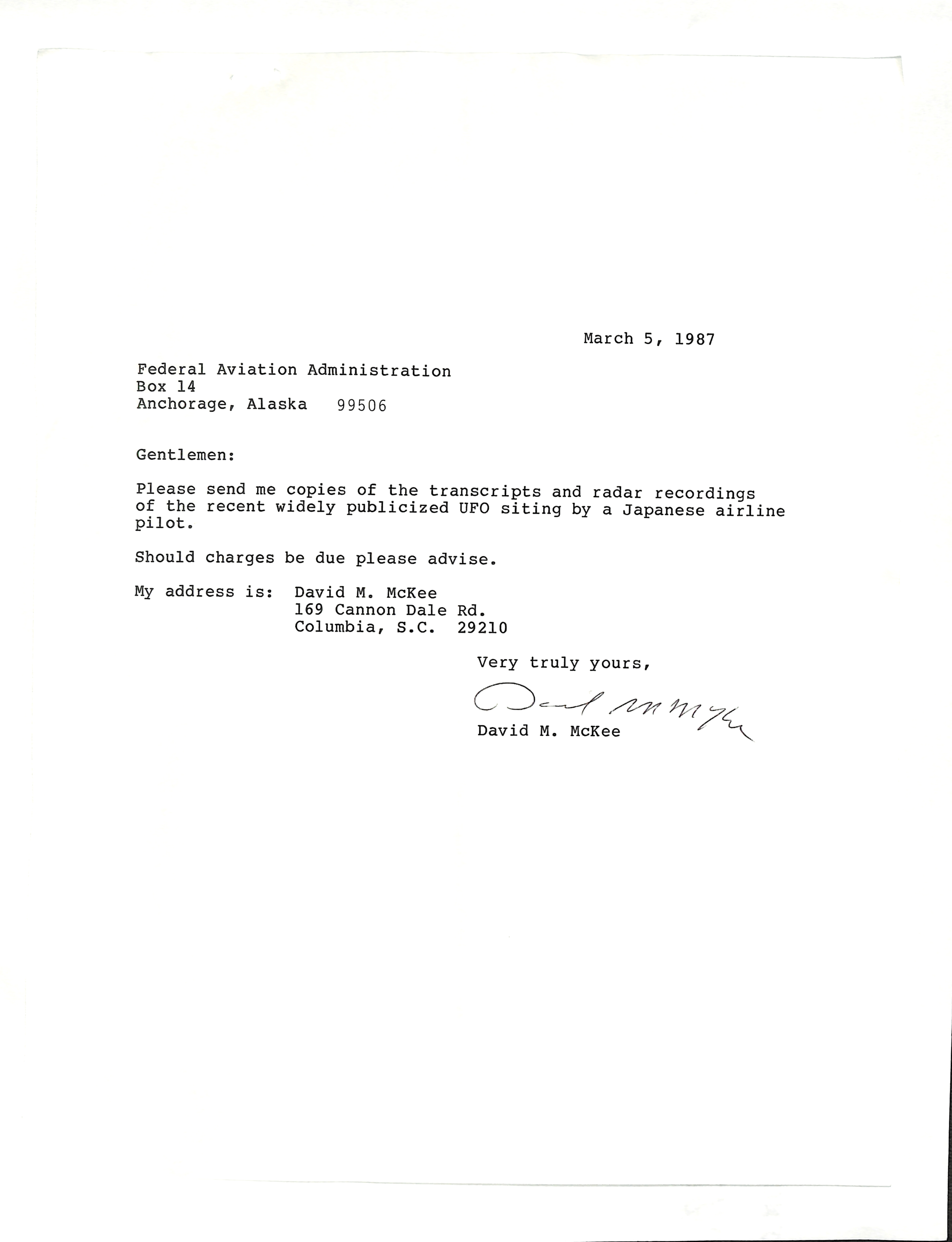 Information Releases Relating to Unidentified Flying Object