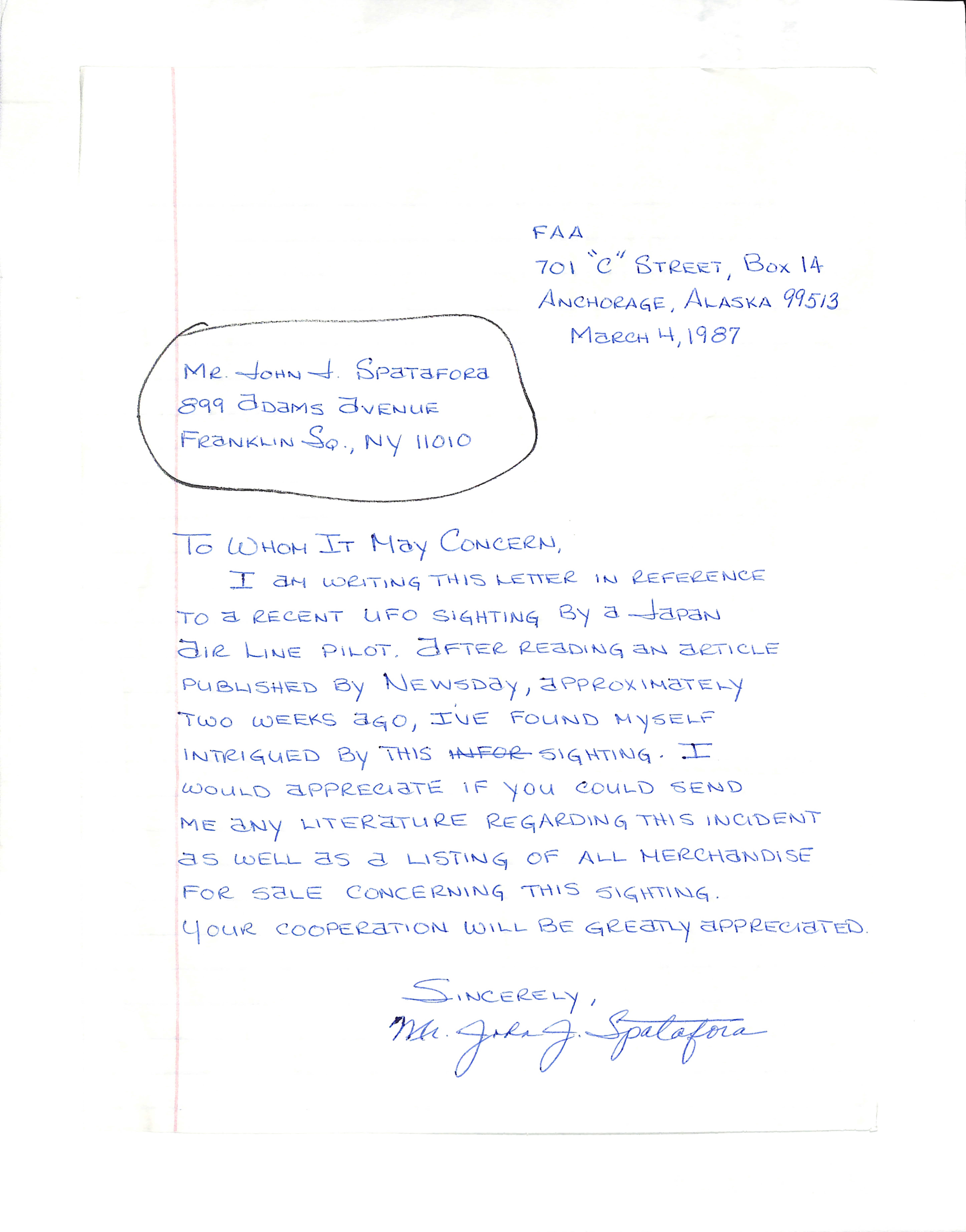 Information Releases Relating to Unidentified Flying Object