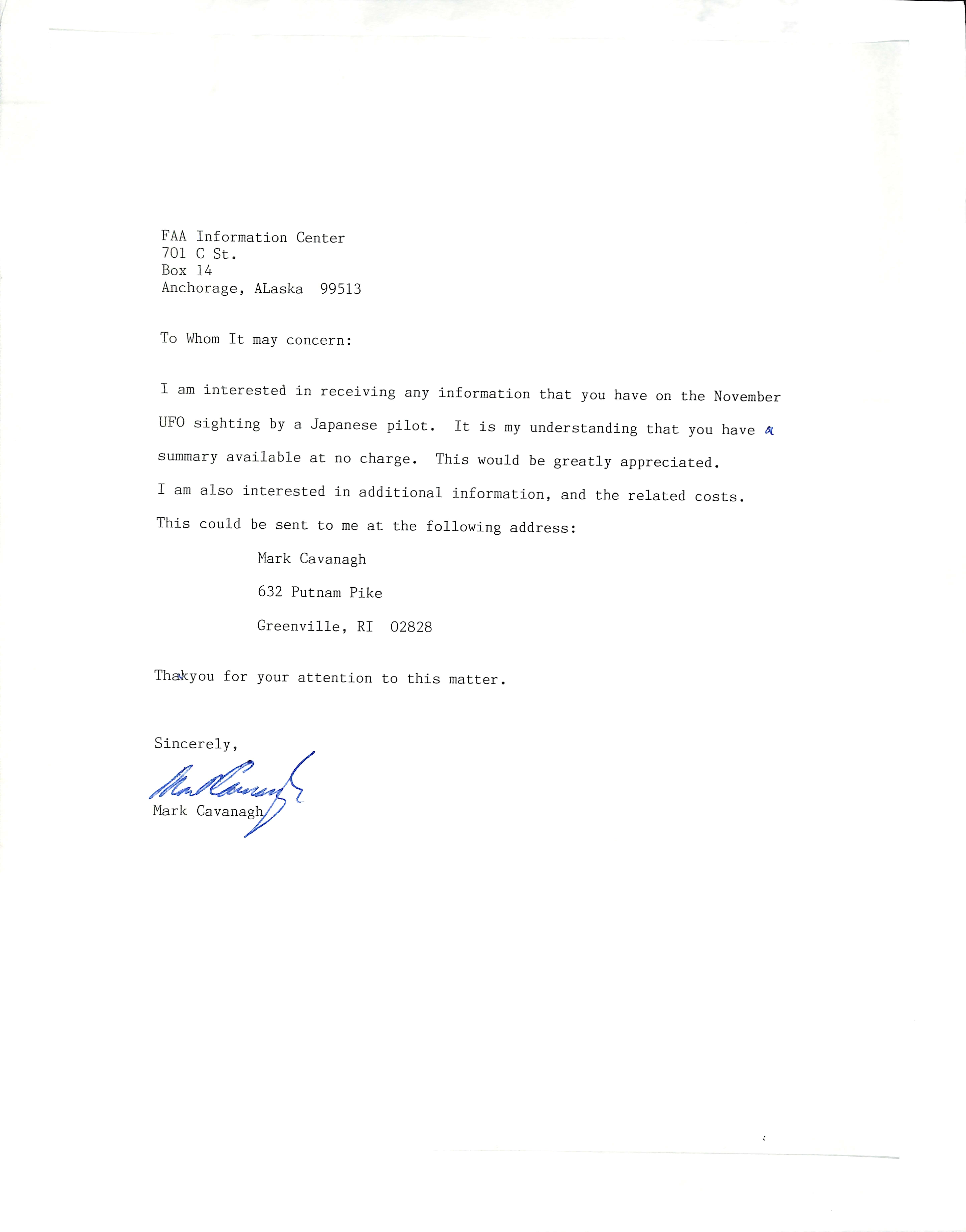 Information Releases Relating to Unidentified Flying Object