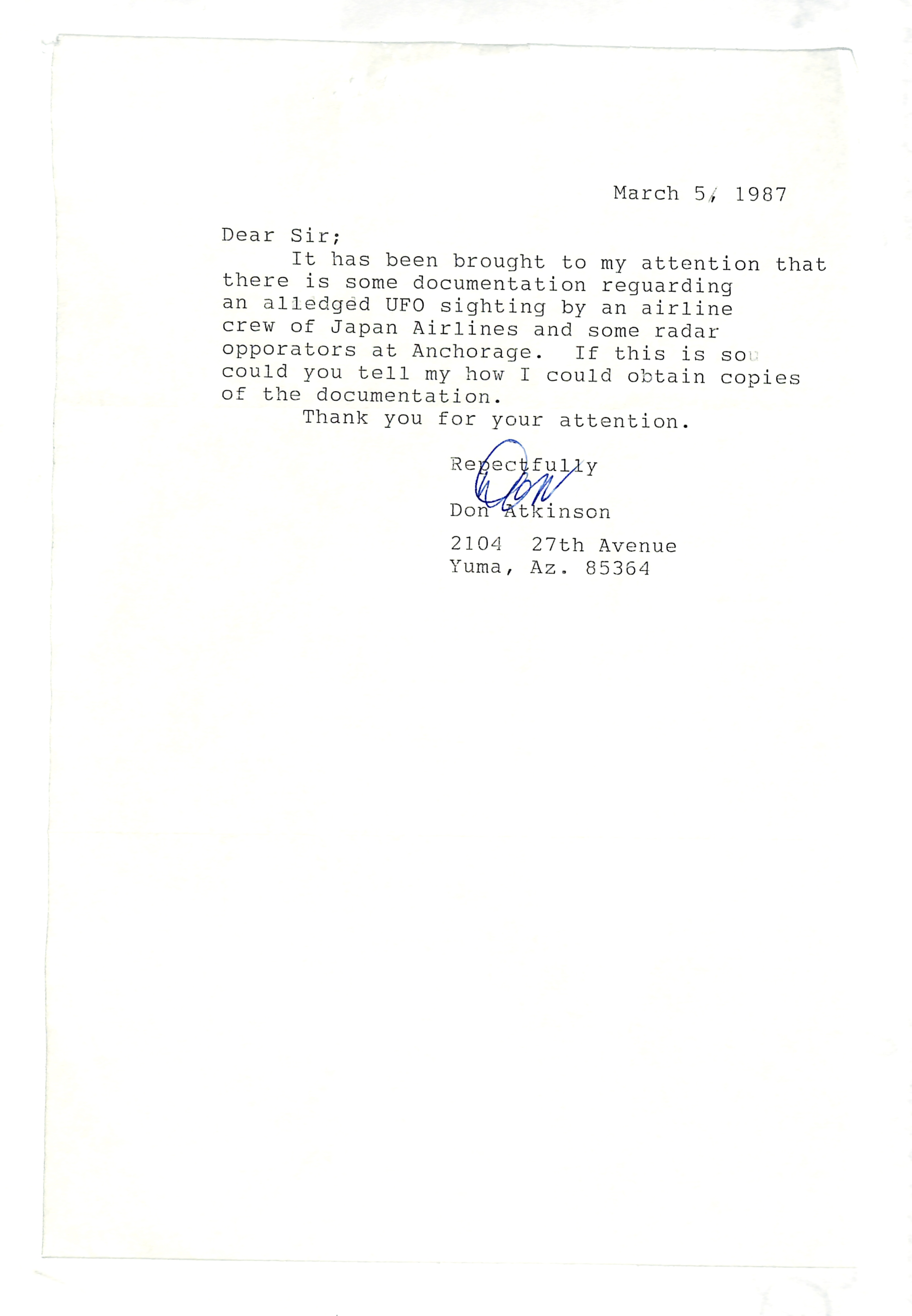Information Releases Relating to Unidentified Flying Object