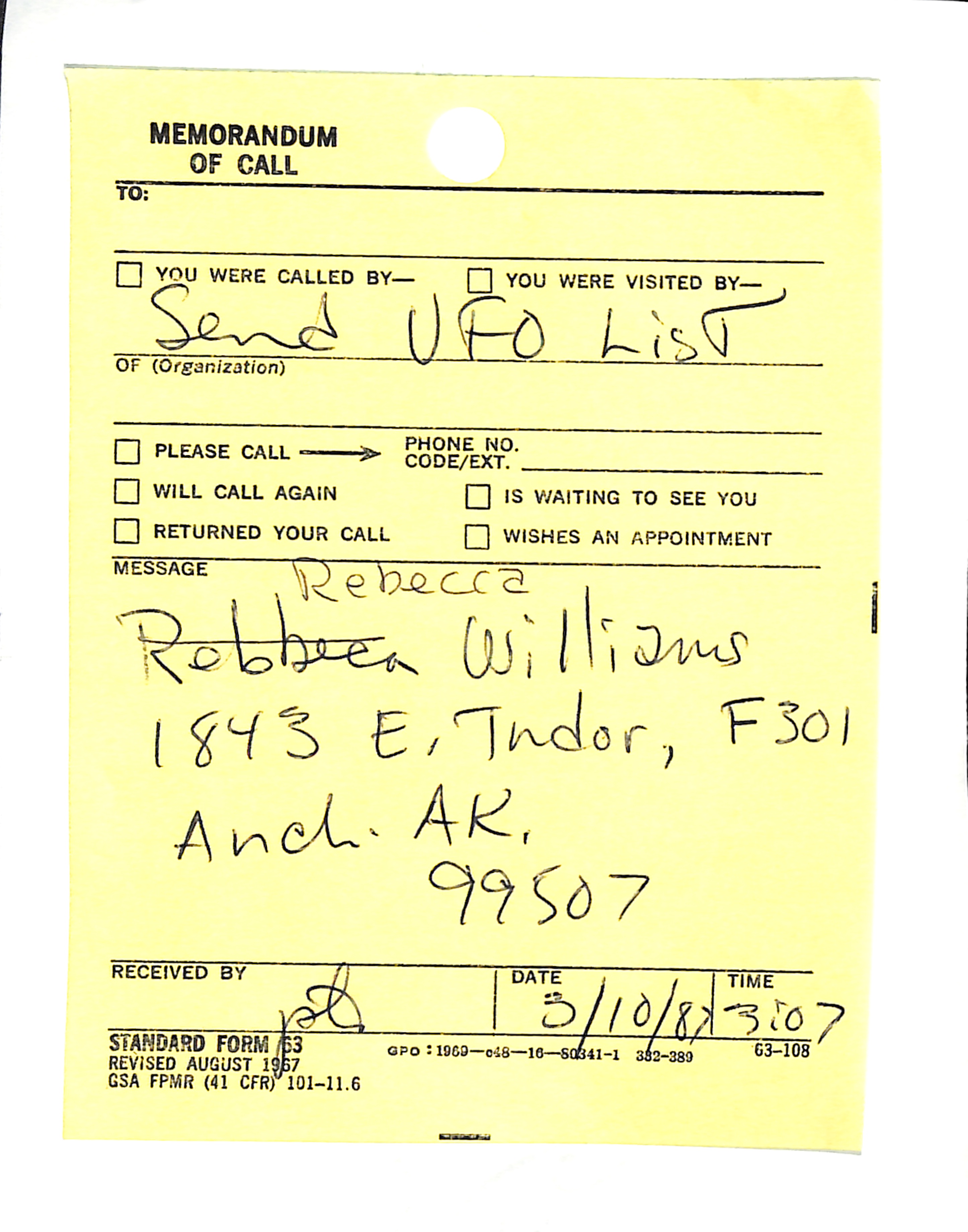 Information Releases Relating to Unidentified Flying Object