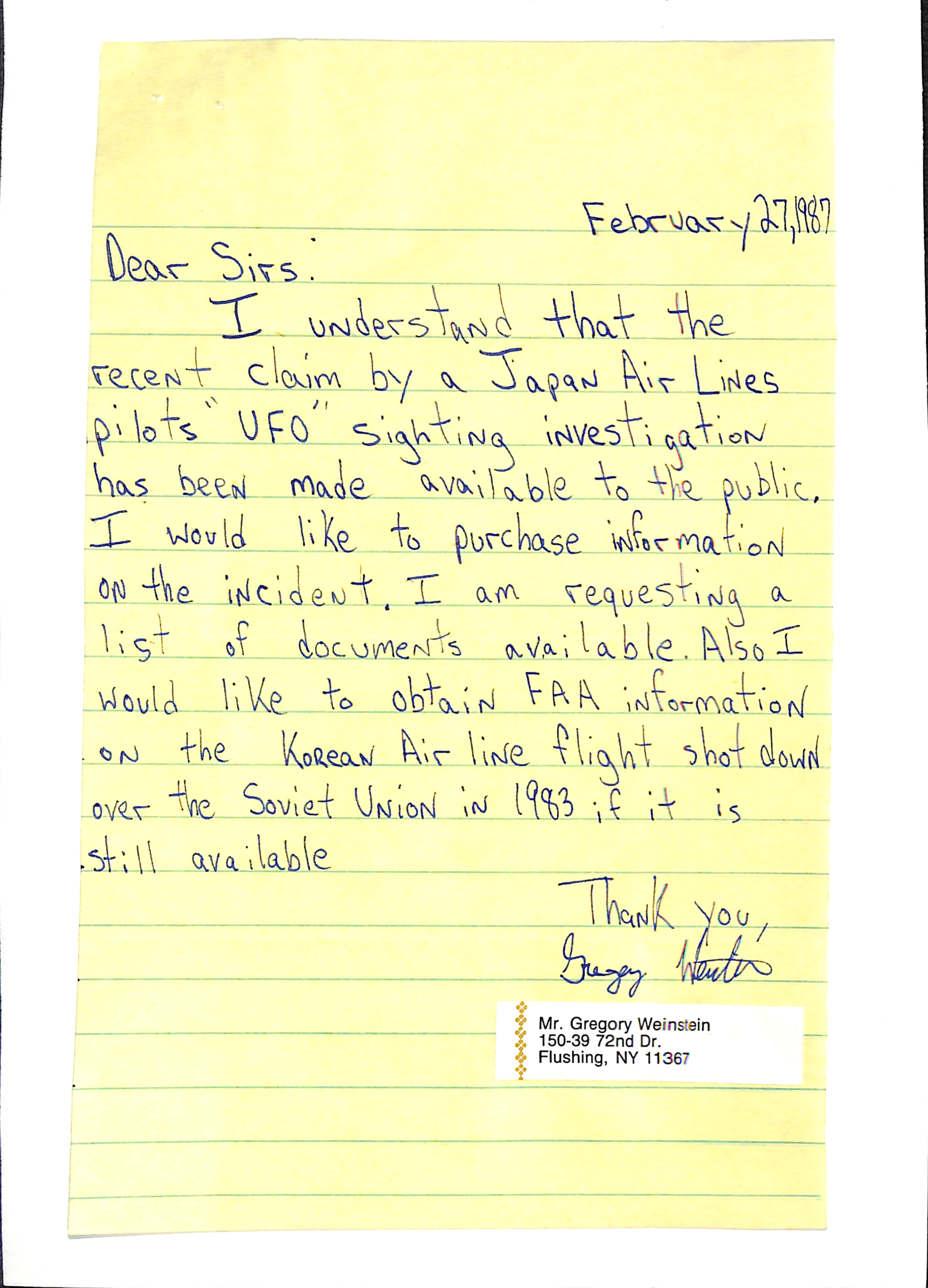 Information Releases Relating to Unidentified Flying Object
