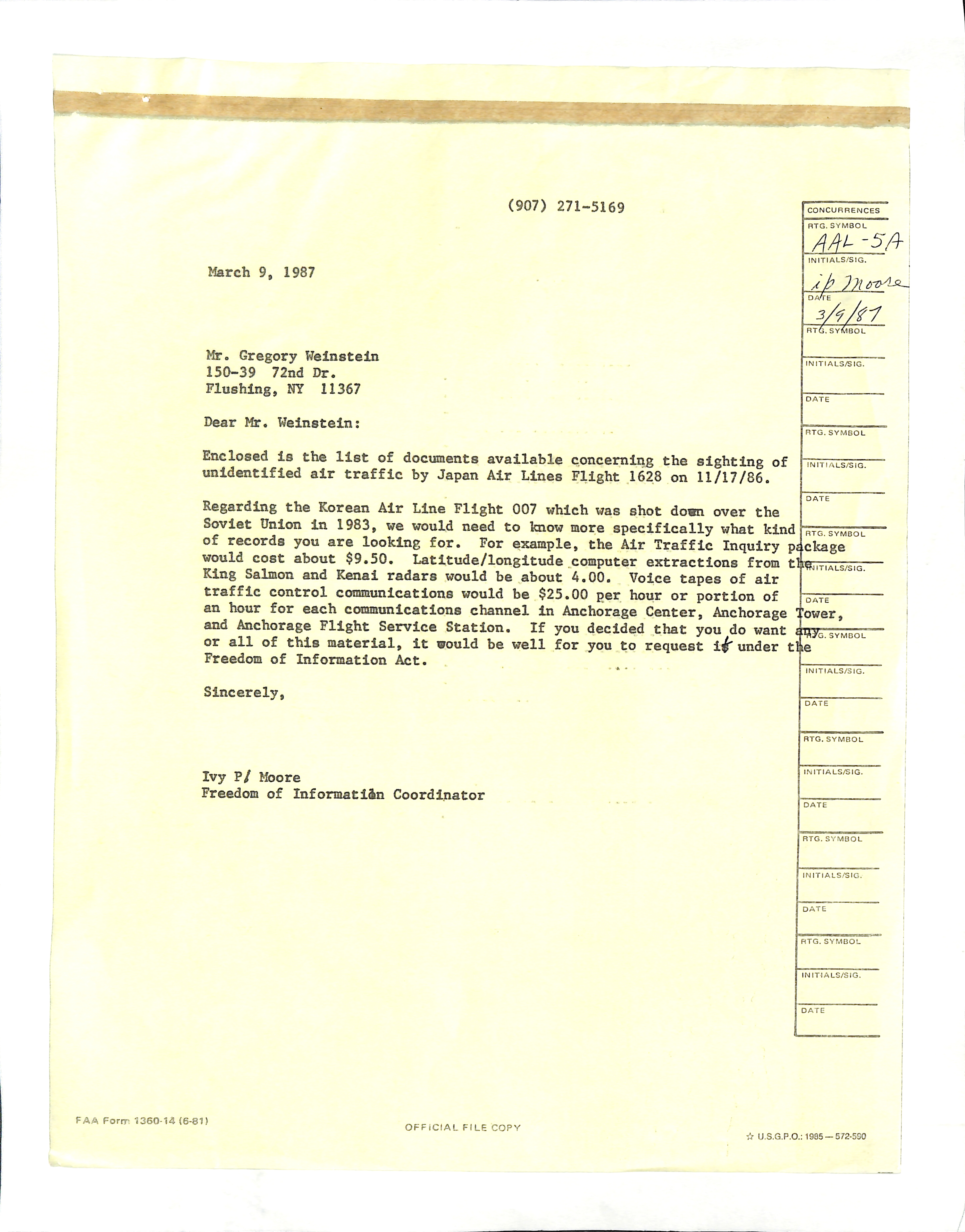 Information Releases Relating to Unidentified Flying Object