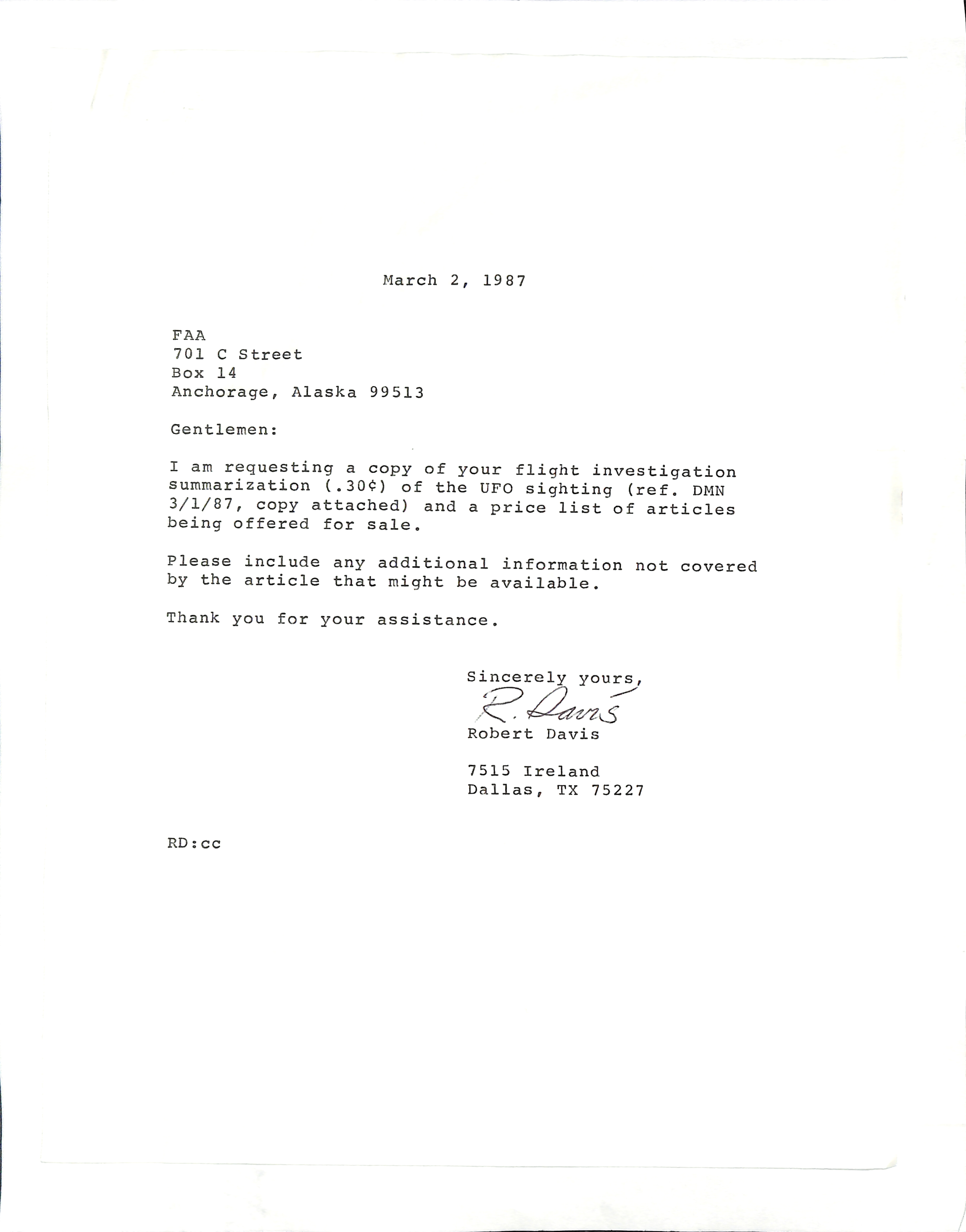 Information Releases Relating to Unidentified Flying Object