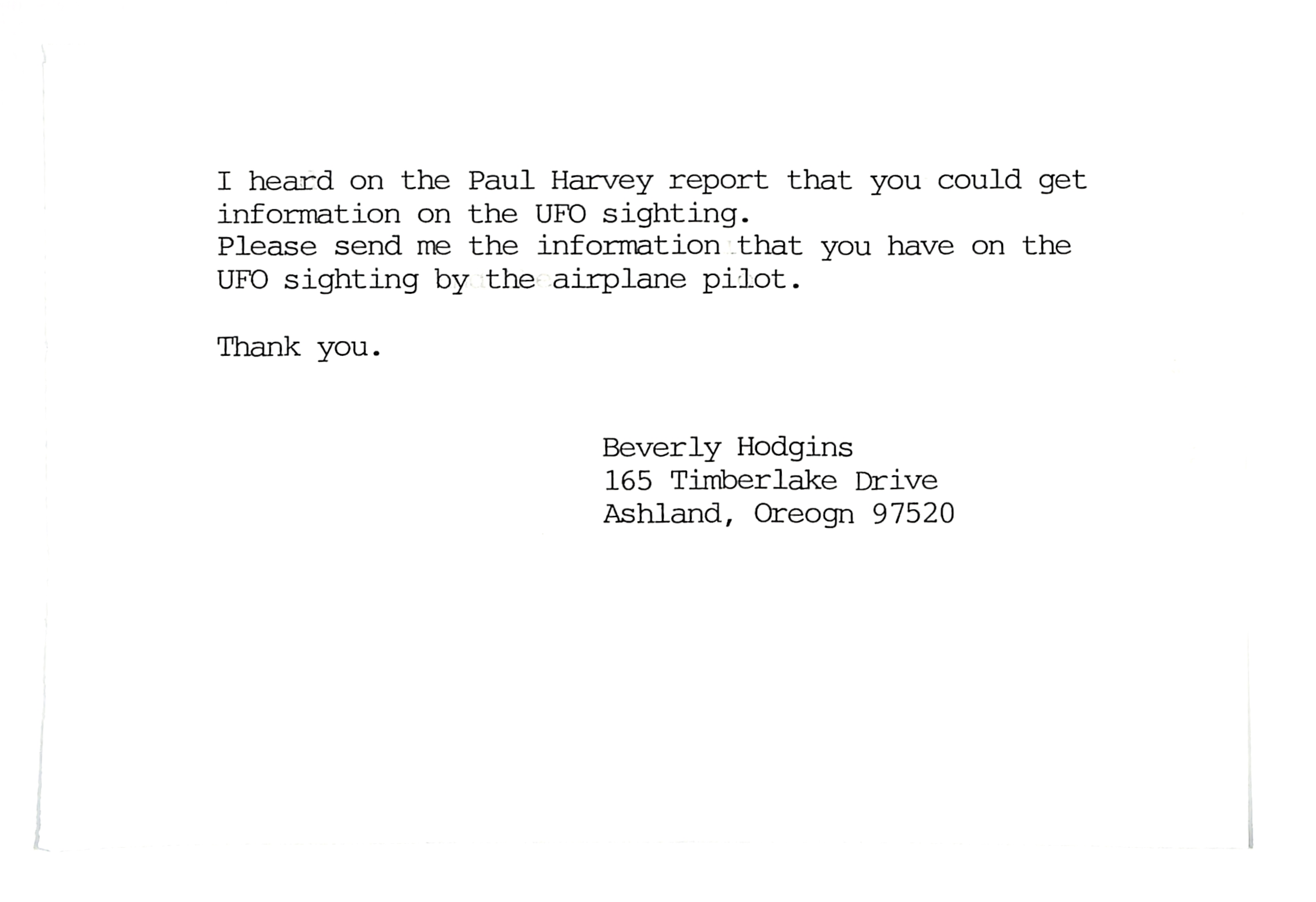Information Releases Relating to Unidentified Flying Object