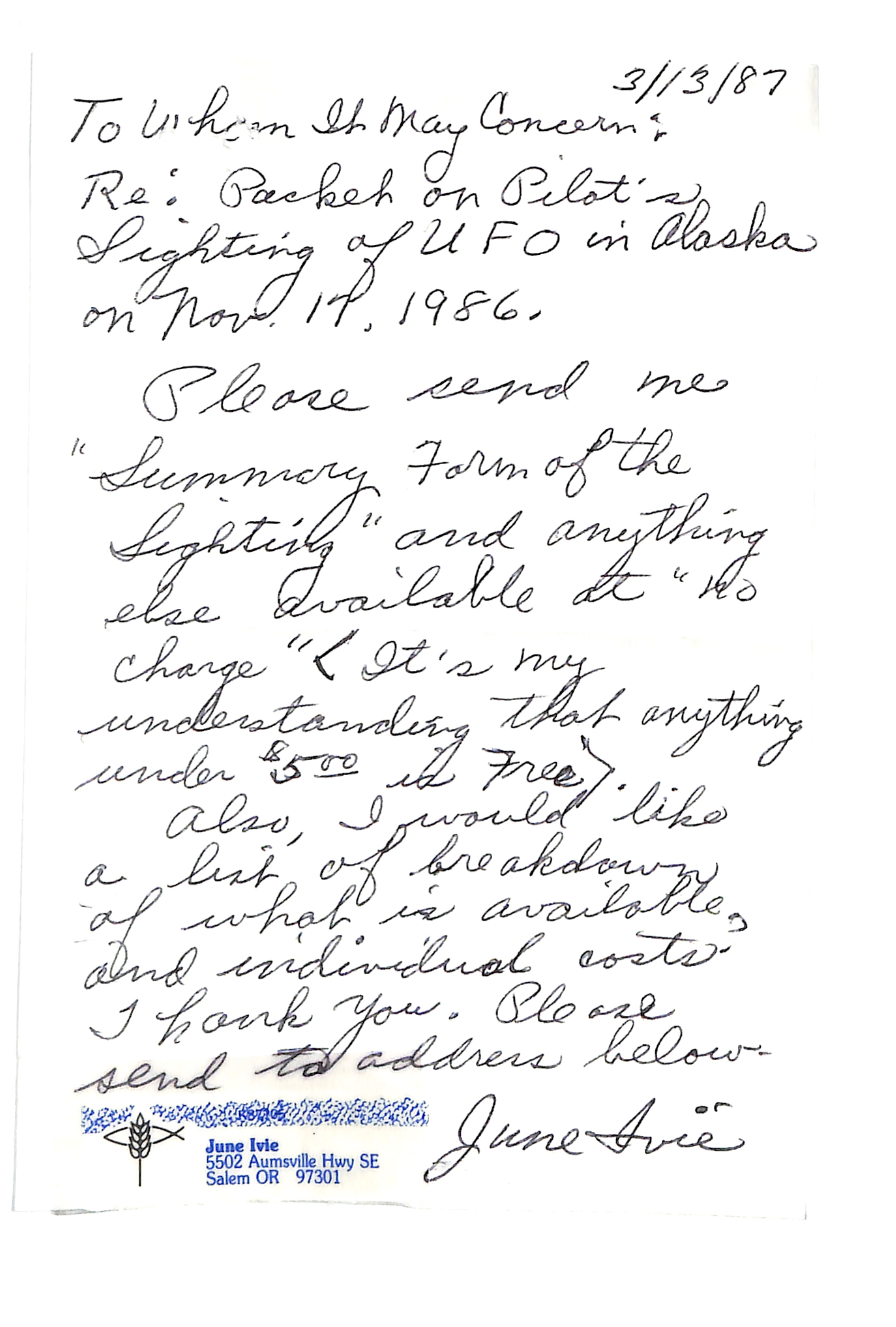 Information Releases Relating to Unidentified Flying Object